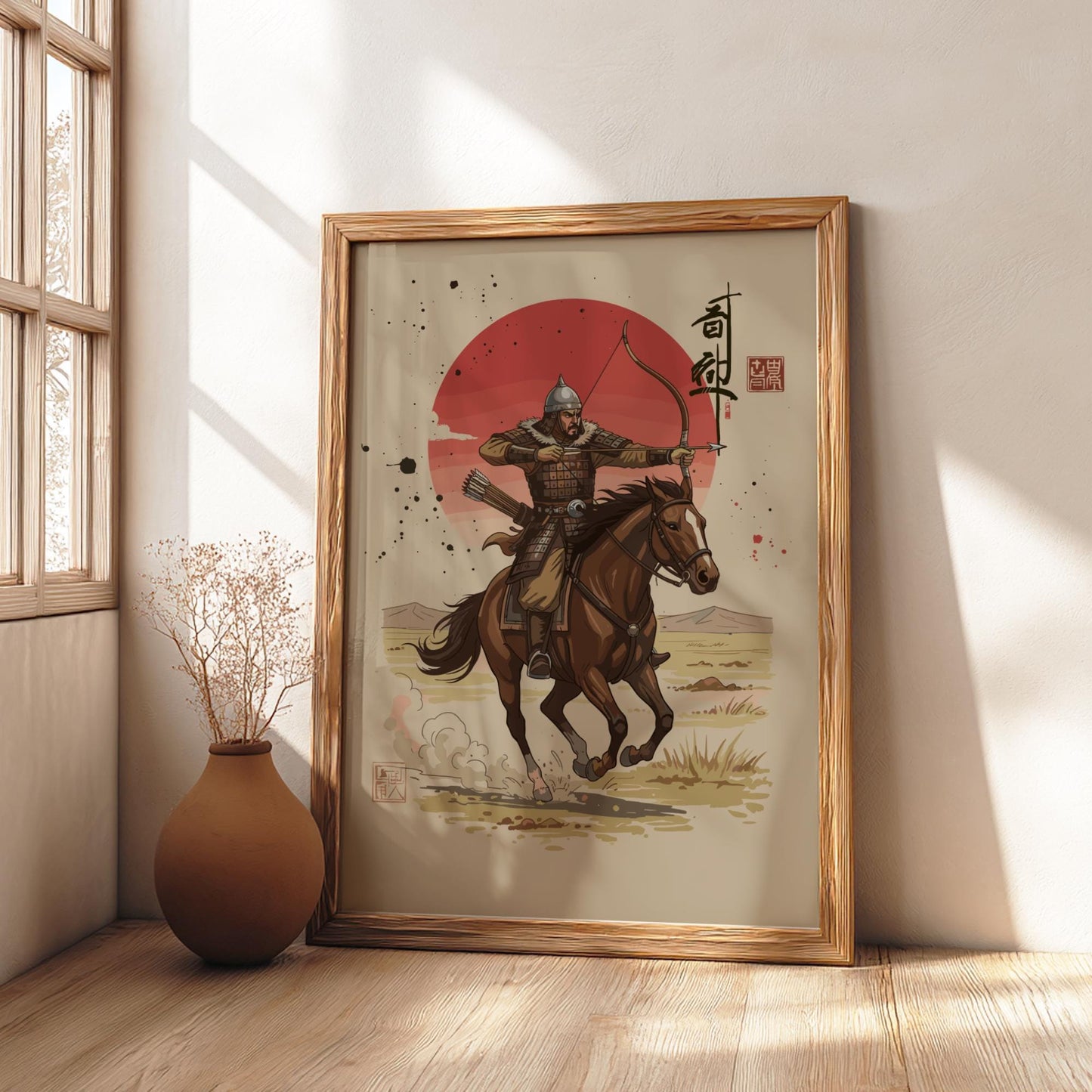 Mongol Archer Japanese Ink Art Print, Mixed Media Rising Sun Poster, Sumi-e Style Warrior Wall Decor