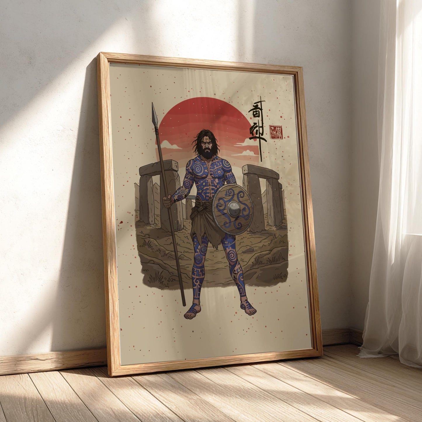 Pictish Warrior Japanese Ink Art Print, Sumi-e Rising Sun Poster, Mixed Media Wall Decor