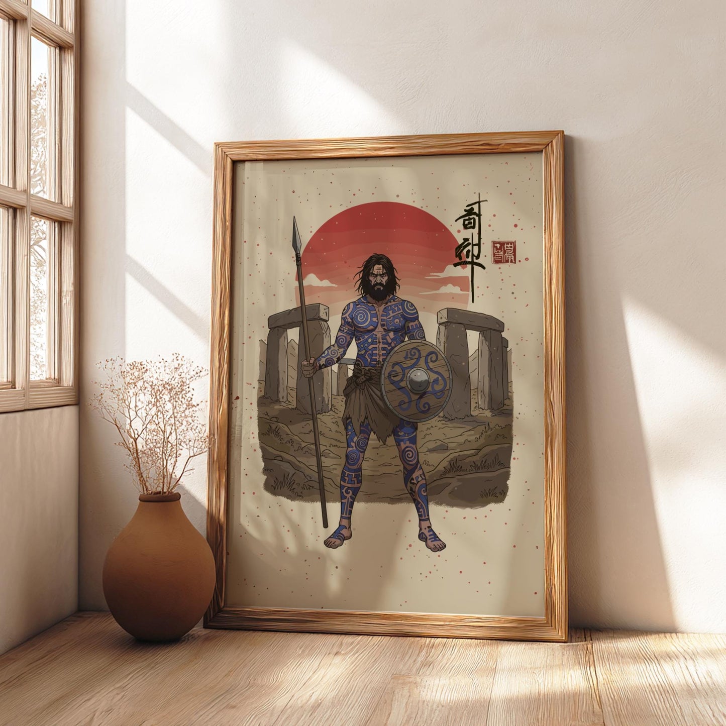 Pictish Warrior Japanese Ink Art Print, Sumi-e Rising Sun Poster, Mixed Media Wall Decor