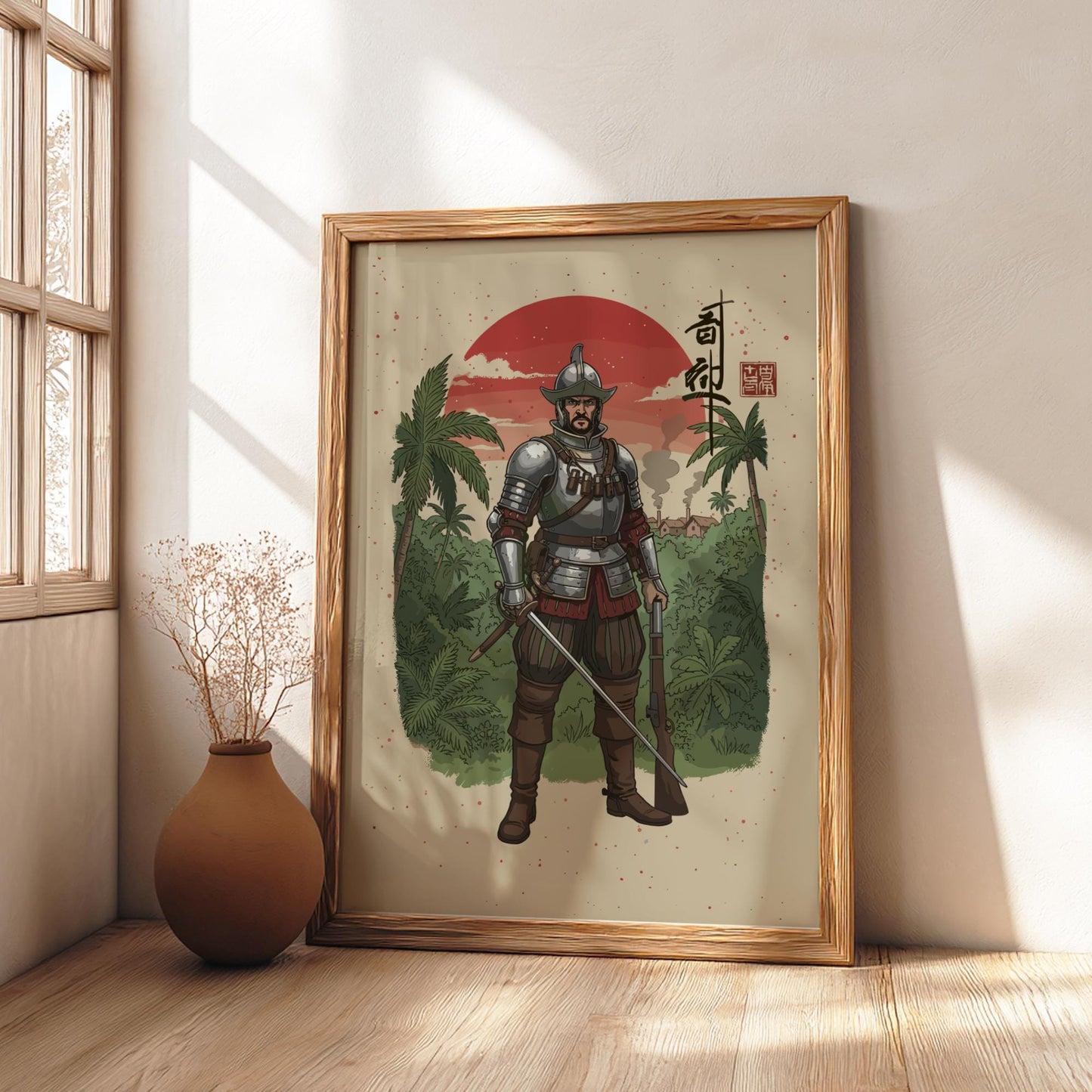 Conquistador Warrior Japanese Ink Art Print, Sumi-e Rising Sun Poster, Mixed Media Wall Decor
