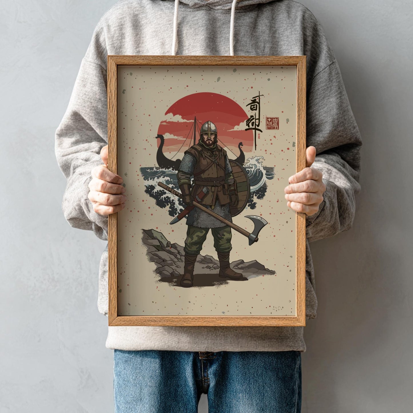 Viking Huscarl Japanese Ink Art Print, Sumi-e Rising Sun Poster, Mixed Media Warrior Decor