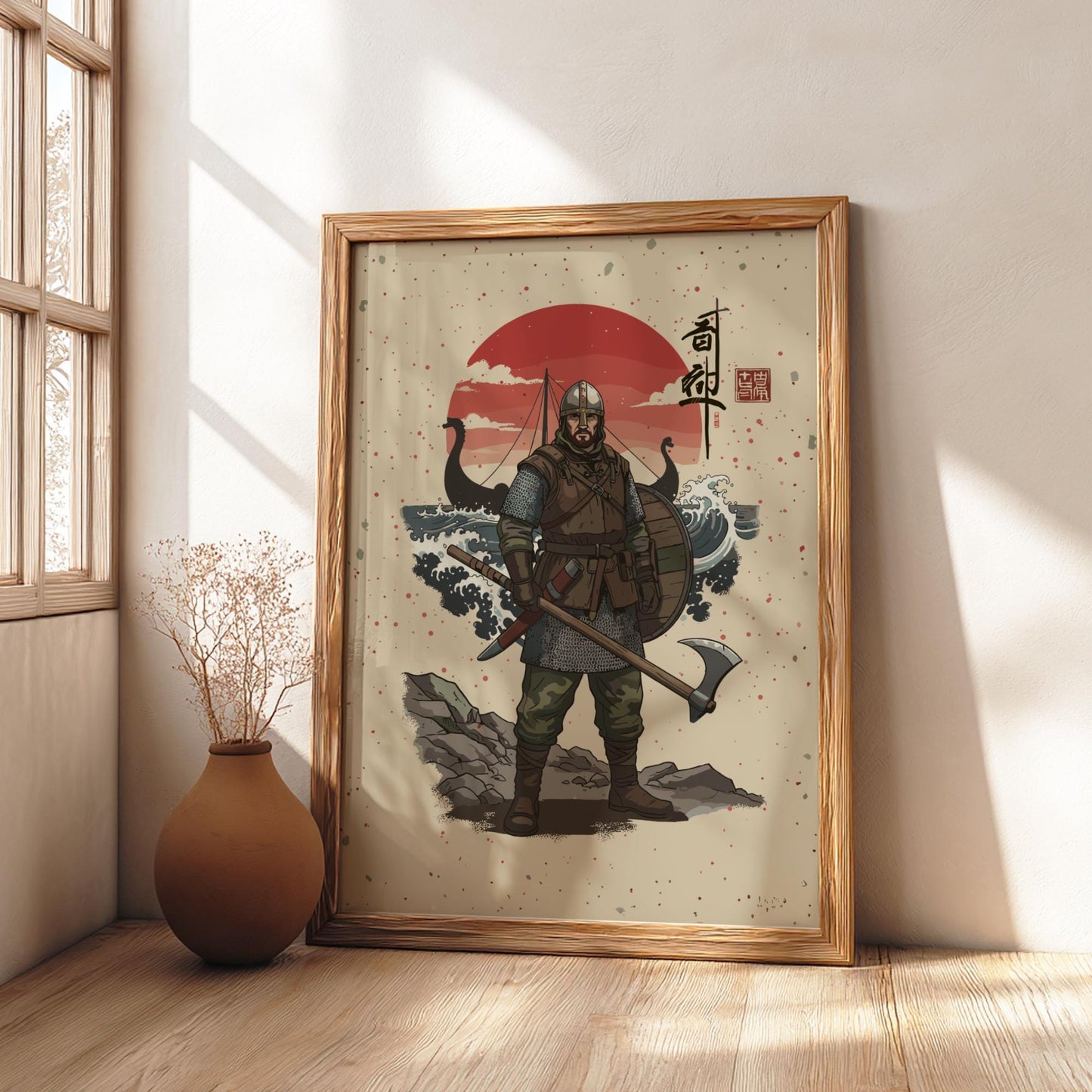 Viking Huscarl Japanese Ink Art Print, Sumi-e Rising Sun Poster, Mixed Media Warrior Decor