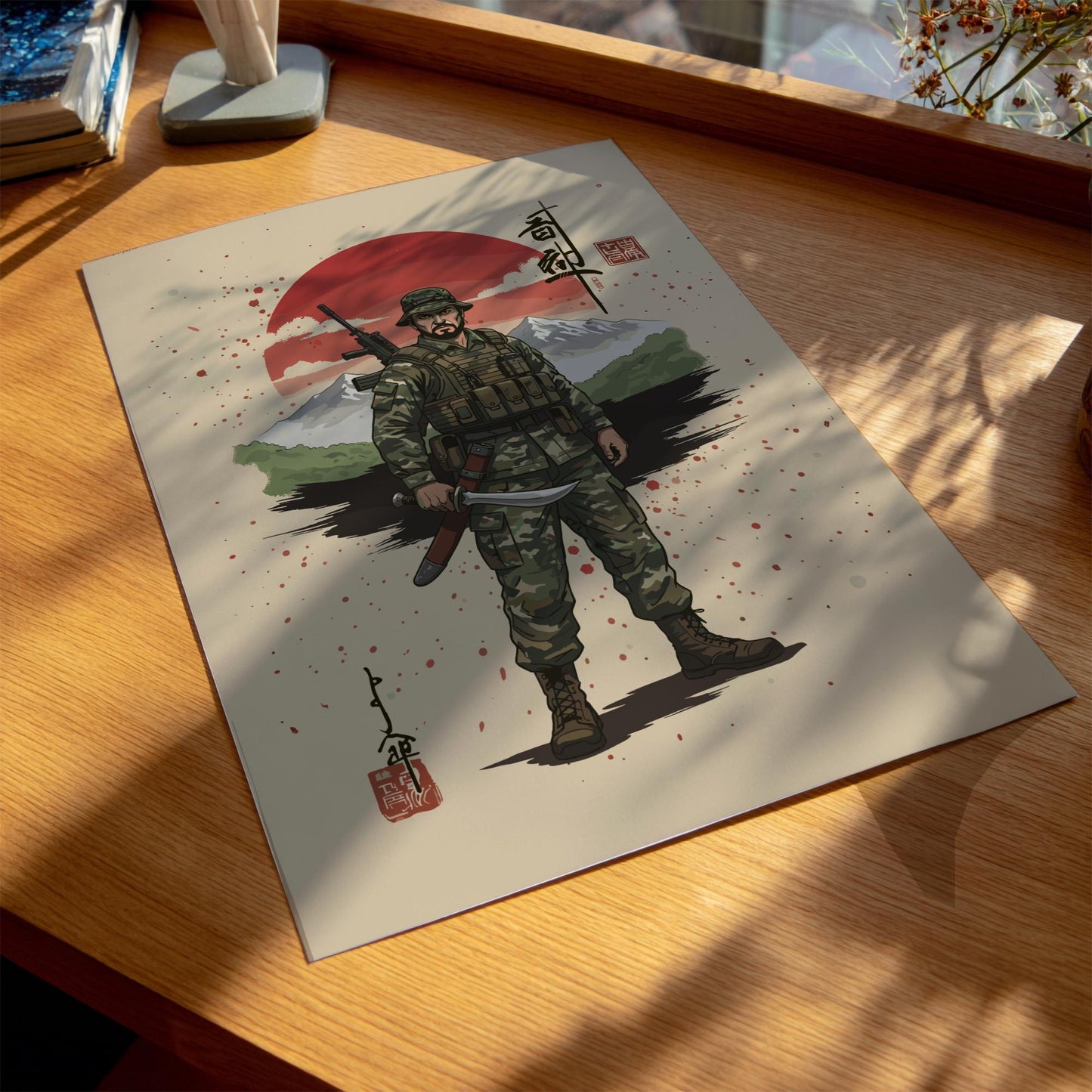 Gurkha Soldier Japanese Ink Art Print, Sumi-e Rising Sun Poster, Mixed Media Warrior Decor