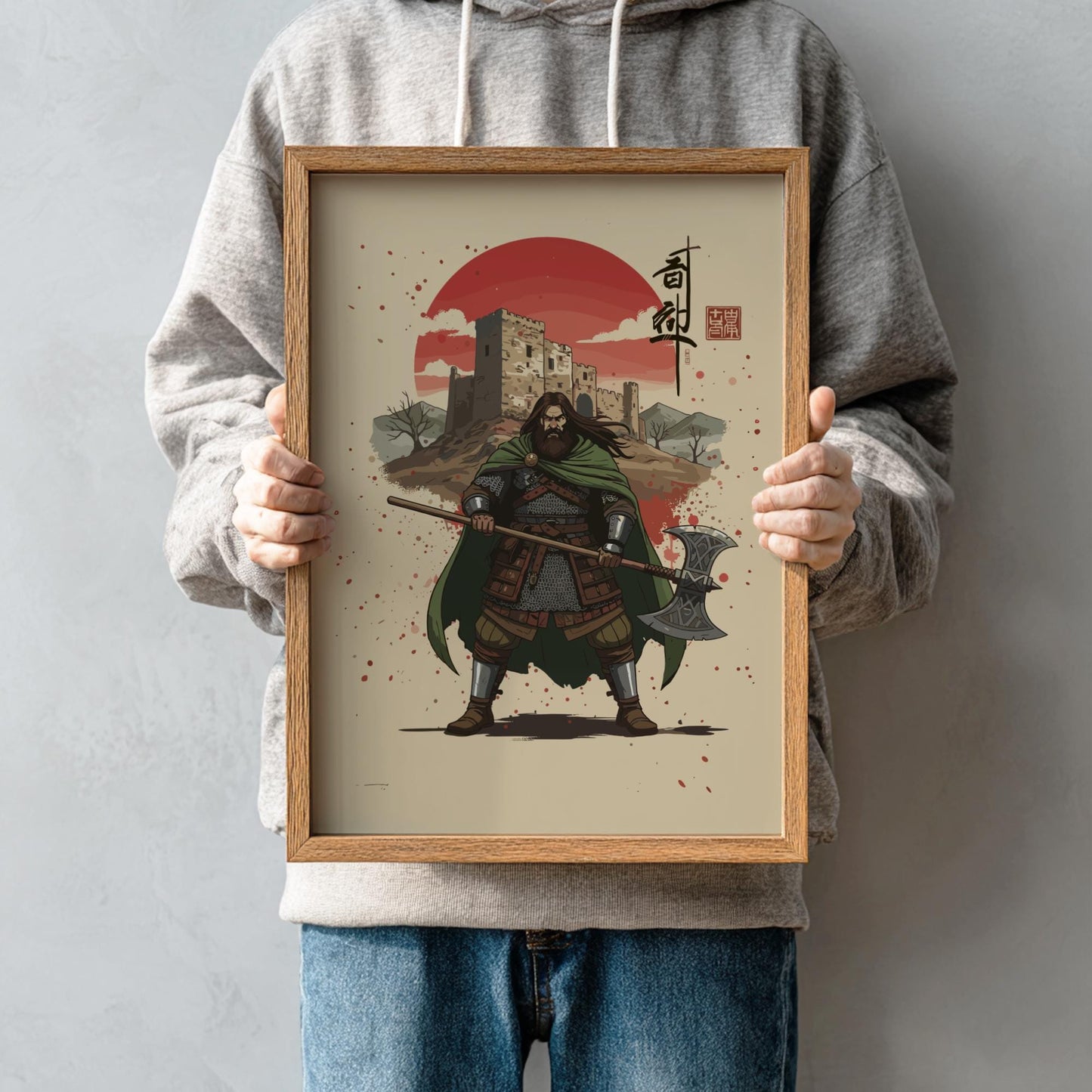 Gallowglass Mercenary Japanese Ink Art Print, Sumi-e Rising Sun Poster, Mixed Media Warrior Decor
