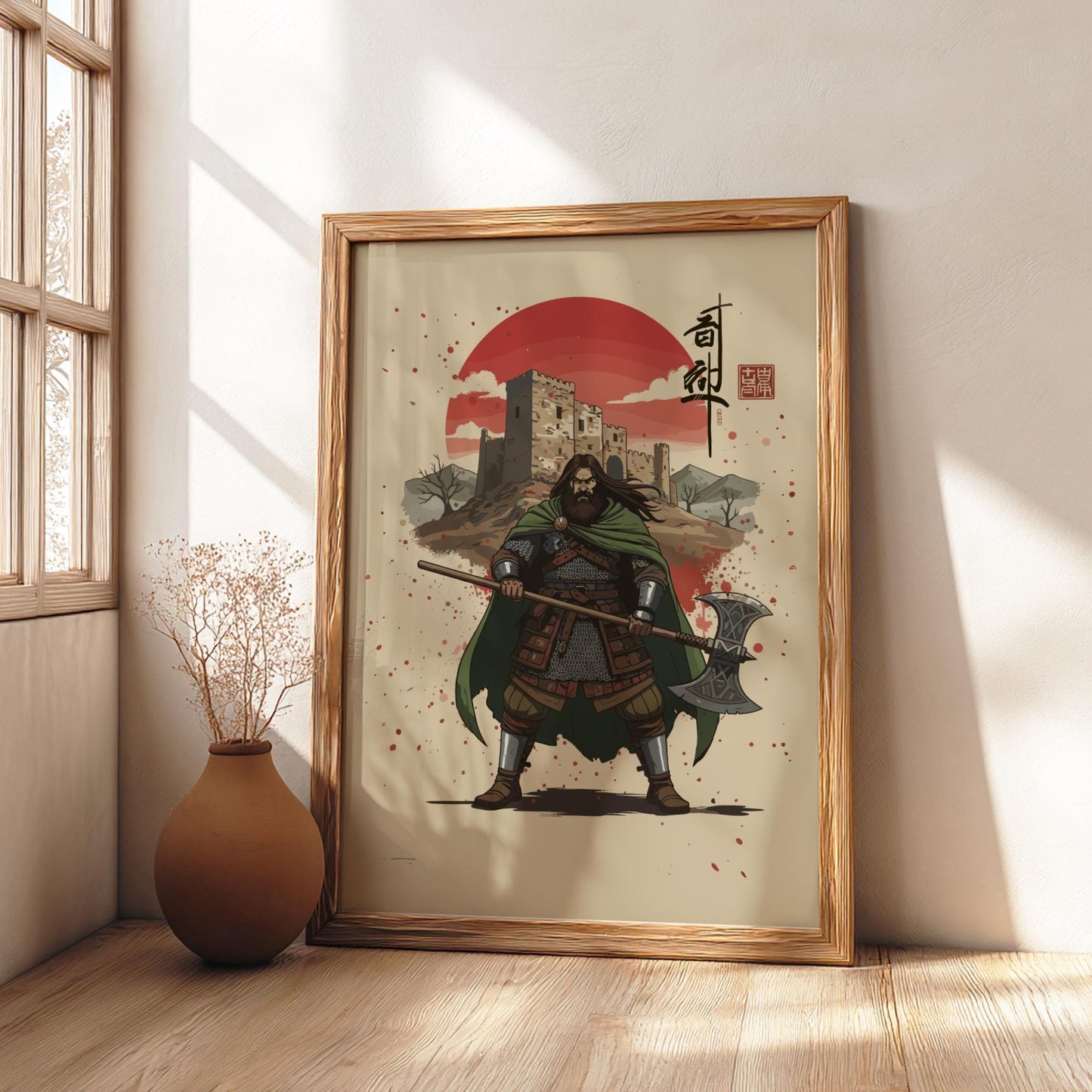 Gallowglass Mercenary Japanese Ink Art Print, Sumi-e Rising Sun Poster, Mixed Media Warrior Decor