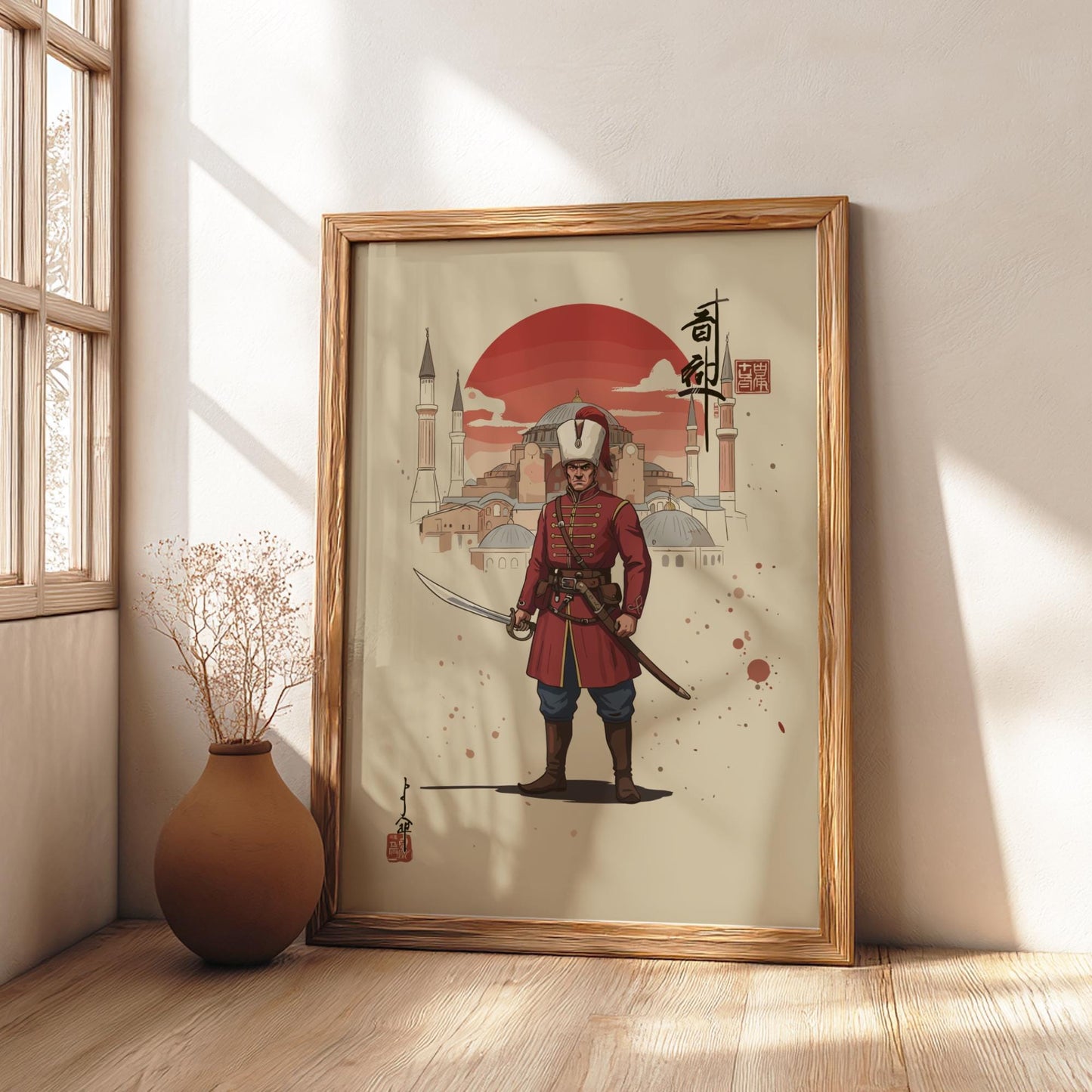 Janissary Ottoman Warrior Japanese Ink Art Print, Sumi-e Rising Sun Poster, Mixed Media Decor