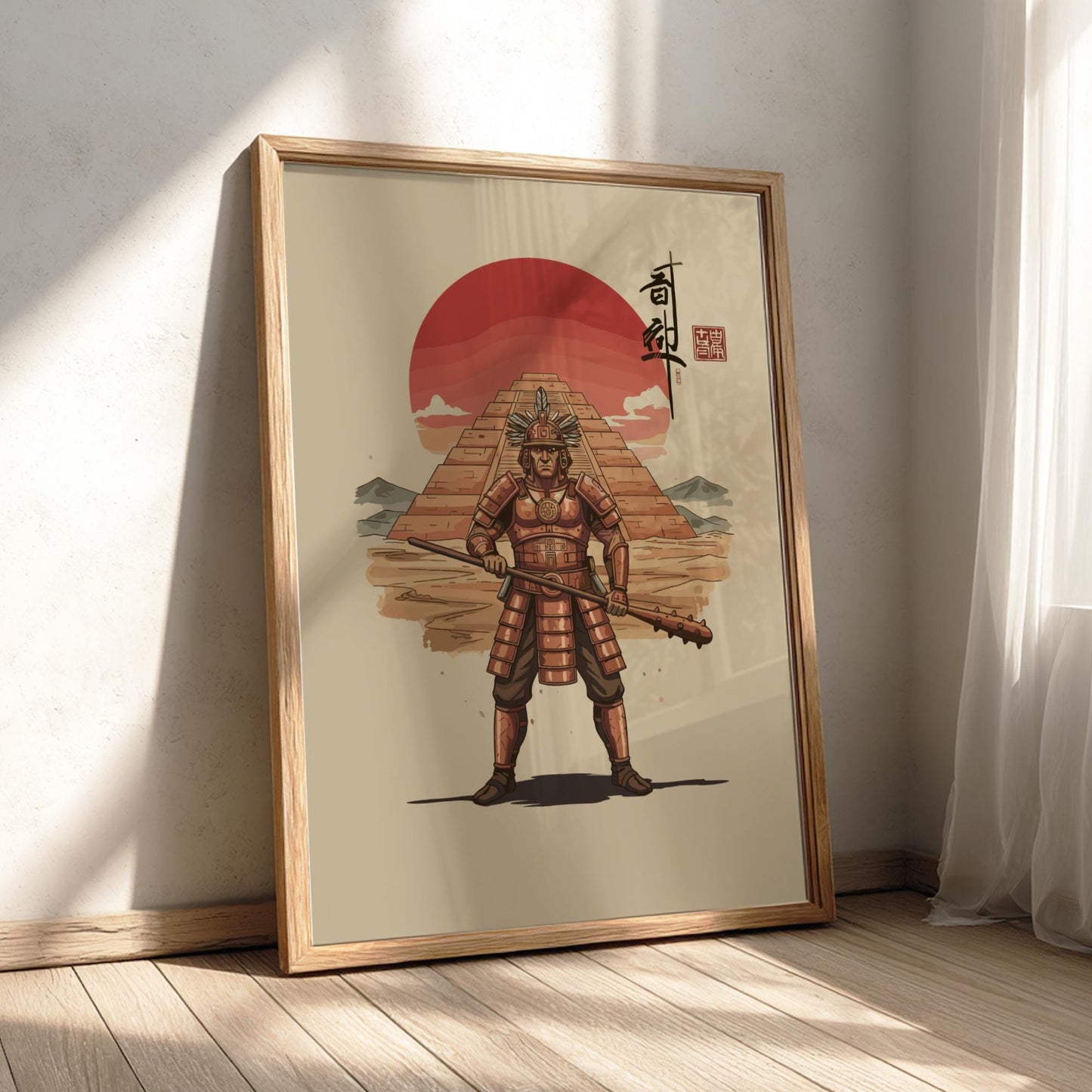 Moche Chieftain Japanese Ink Art Print, Sumi-e Rising Sun Poster, Mixed Media Warrior Decor