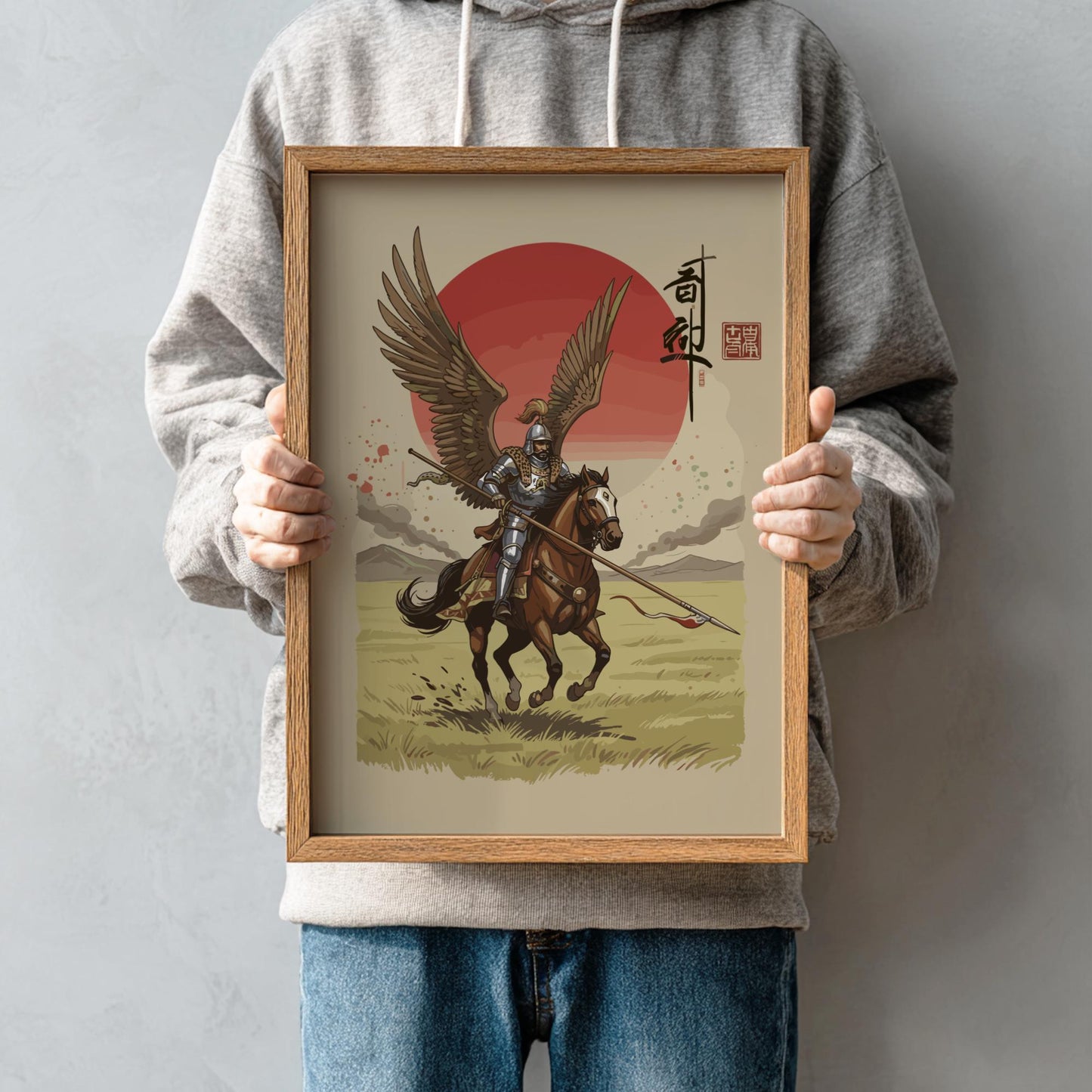 Hussar Warrior Japanese Ink Art Print, Sumi-e Rising Sun Poster, Mixed Media Wall Decor