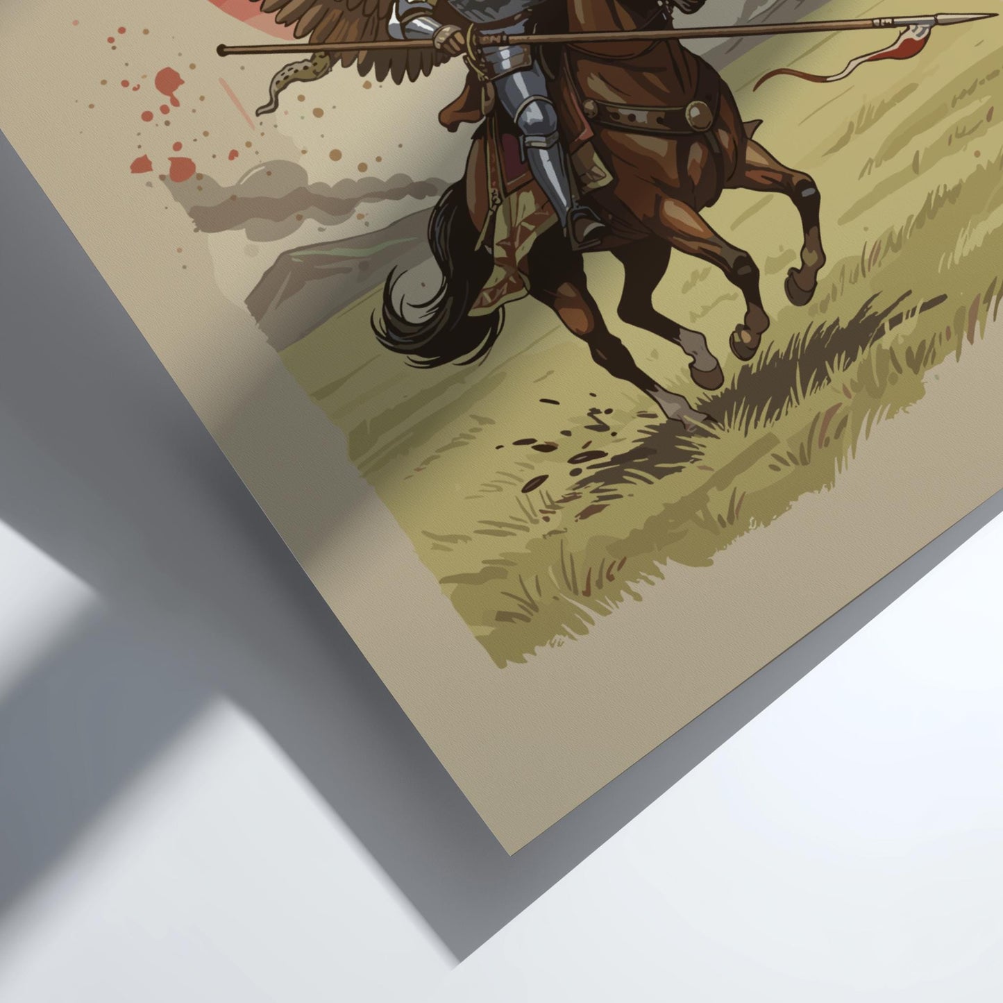 Hussar Warrior Japanese Ink Art Print, Sumi-e Rising Sun Poster, Mixed Media Wall Decor