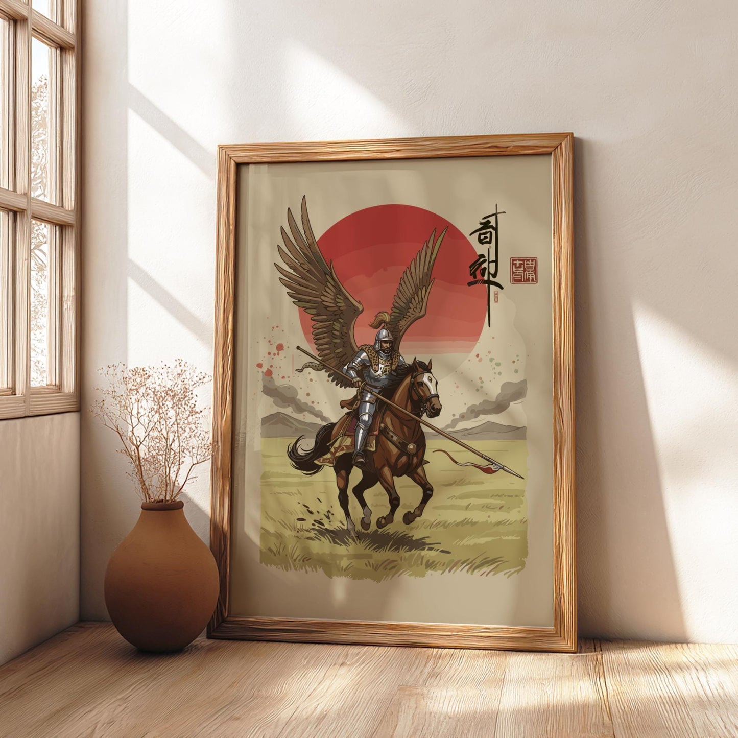 Hussar Warrior Japanese Ink Art Print, Sumi-e Rising Sun Poster, Mixed Media Wall Decor