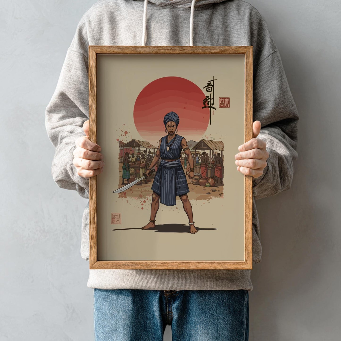 Dahomey Amazon Mino Japanese Ink Art Print, Sumi-e Rising Sun Poster, Mixed Media Warrior Decor