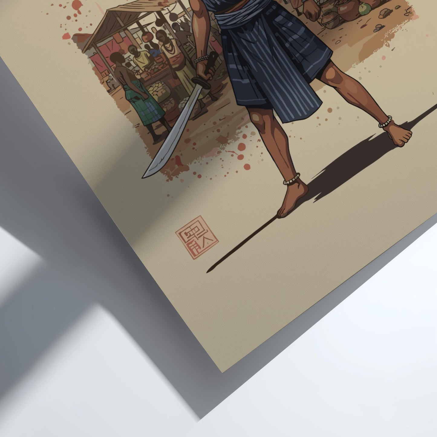 Dahomey Amazon Mino Japanese Ink Art Print, Sumi-e Rising Sun Poster, Mixed Media Warrior Decor