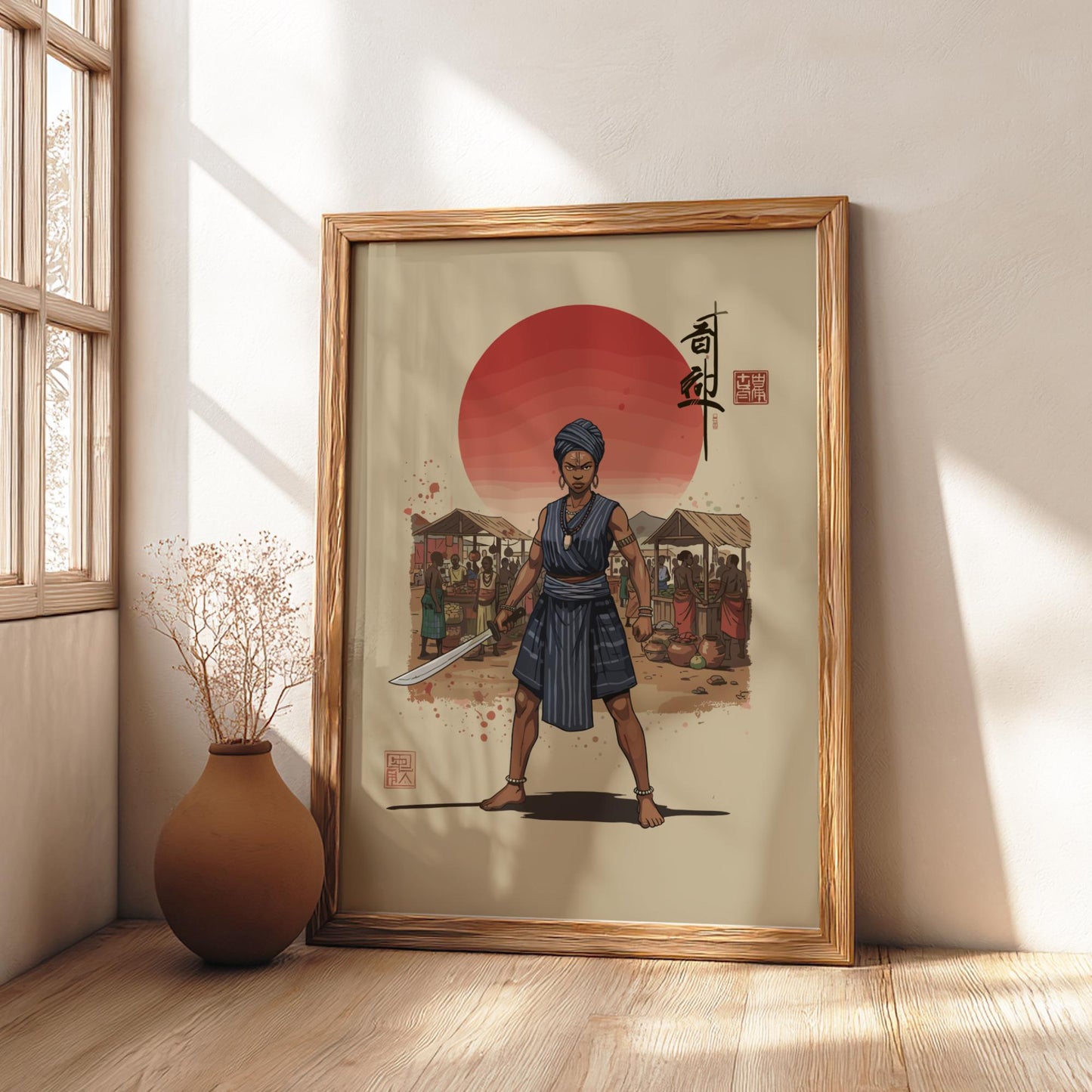 Dahomey Amazon Mino Japanese Ink Art Print, Sumi-e Rising Sun Poster, Mixed Media Warrior Decor