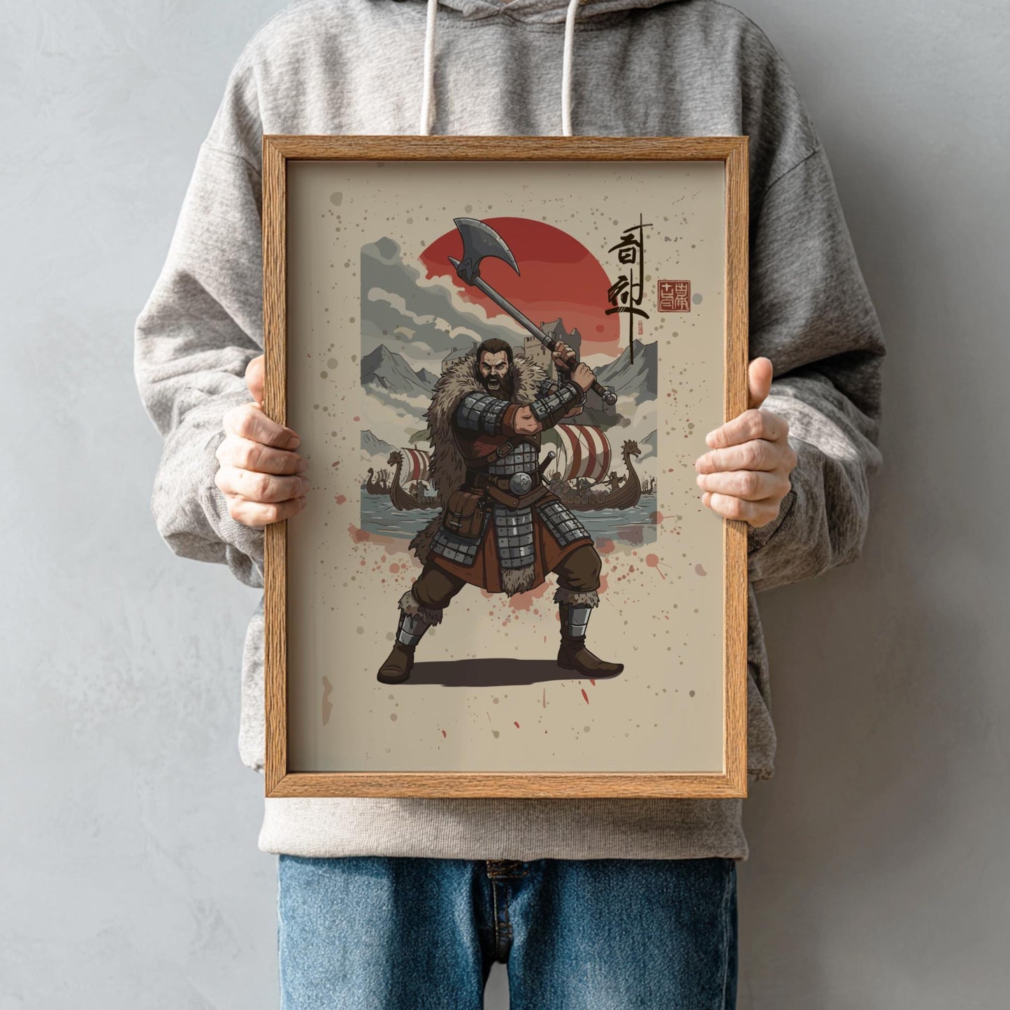 Viking Berserker Japanese Ink Art Print, Sumi-e Rising Sun Poster, Mixed Media Warrior Decor