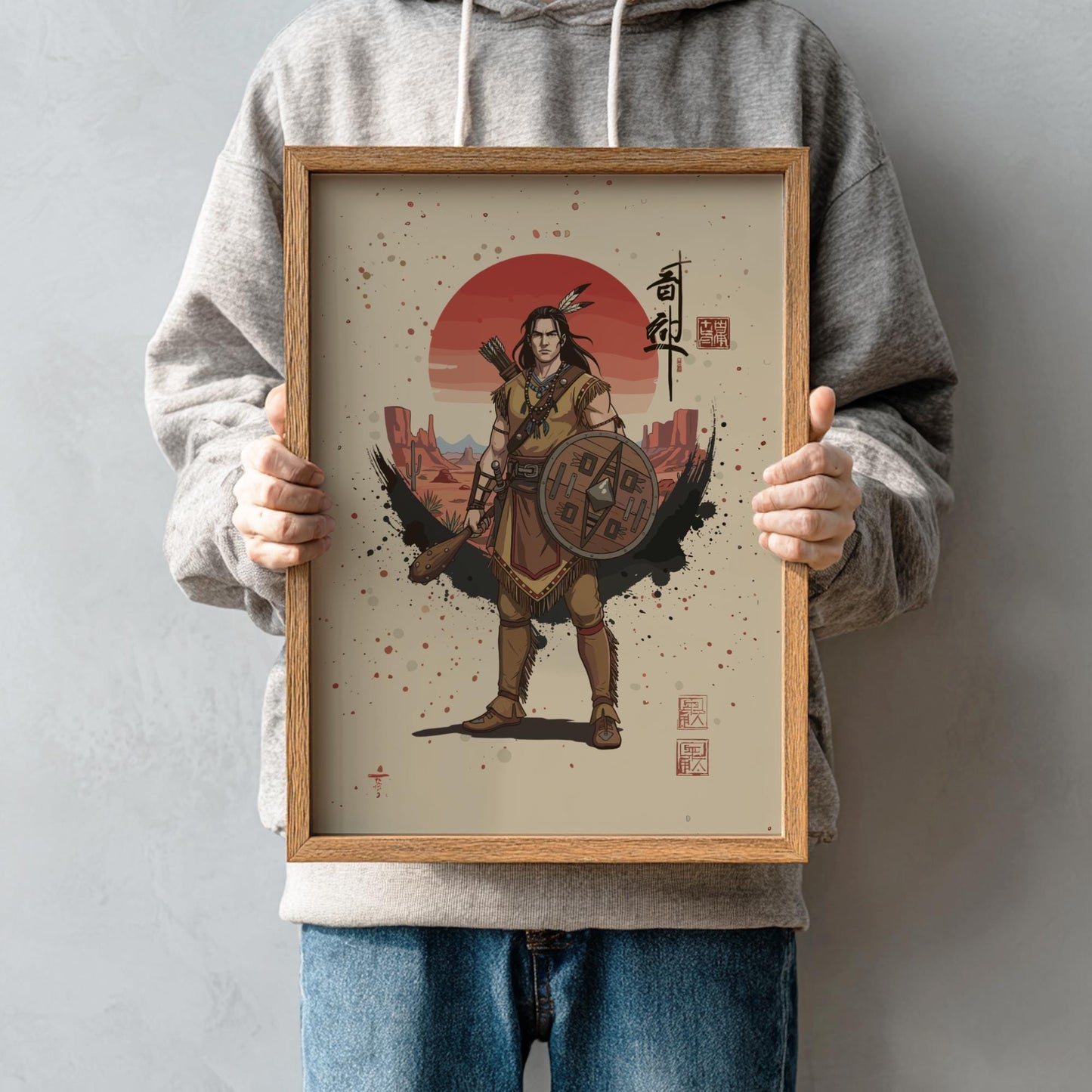 Apache Warrior Japanese Ink Art Print, Sumi-e Rising Sun Poster, Mixed Media Wall Decor