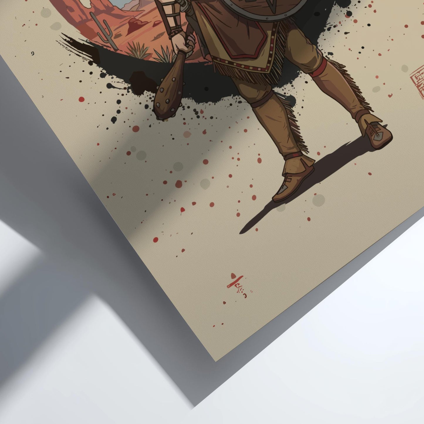 Apache Warrior Japanese Ink Art Print, Sumi-e Rising Sun Poster, Mixed Media Wall Decor