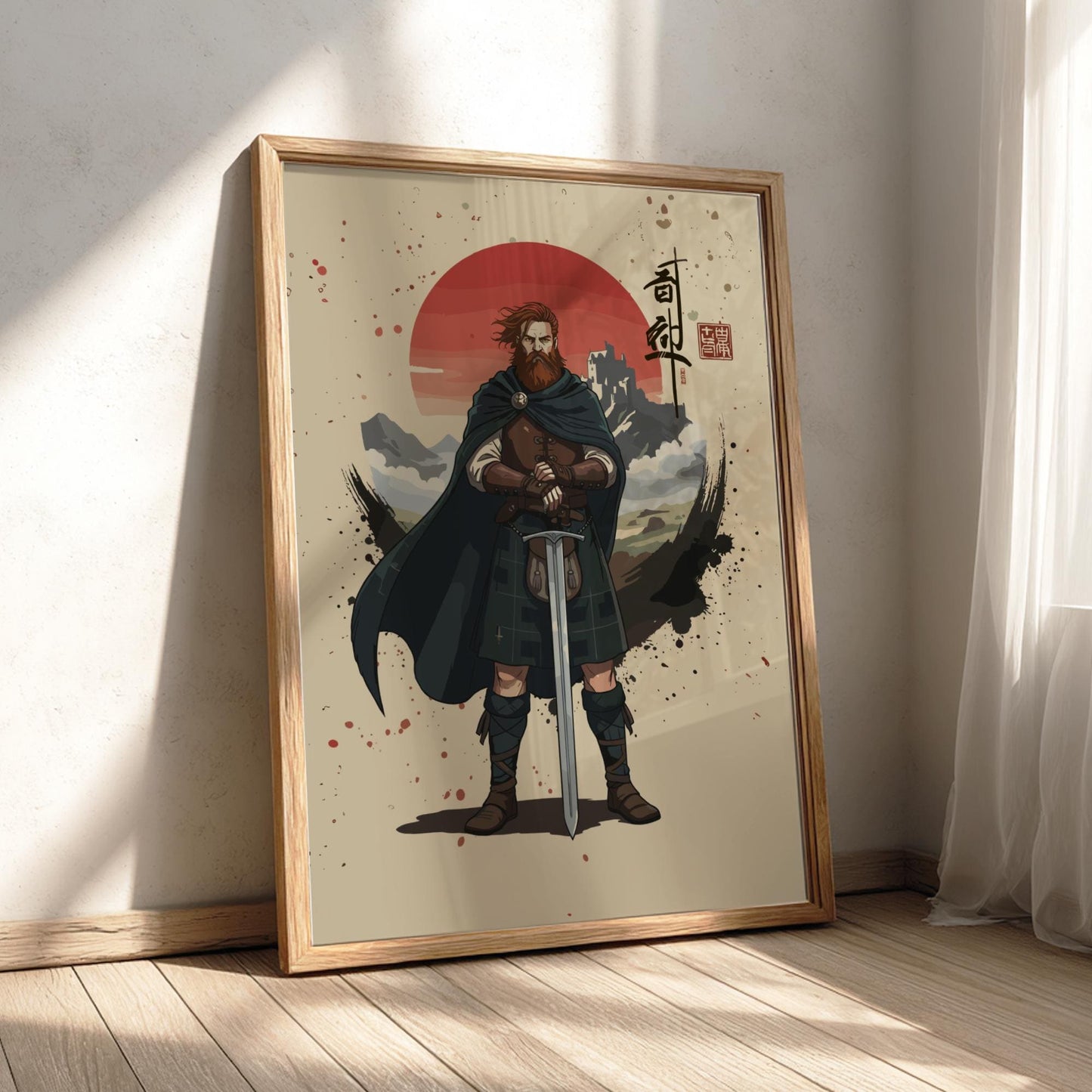 Highland Scottish Warrior Japanese Ink Art Print, Sumi-e Rising Sun Poster, Mixed Media Wall Decor