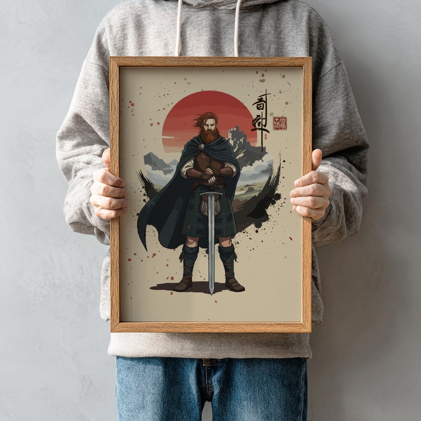 Highland Scottish Warrior Japanese Ink Art Print, Sumi-e Rising Sun Poster, Mixed Media Wall Decor