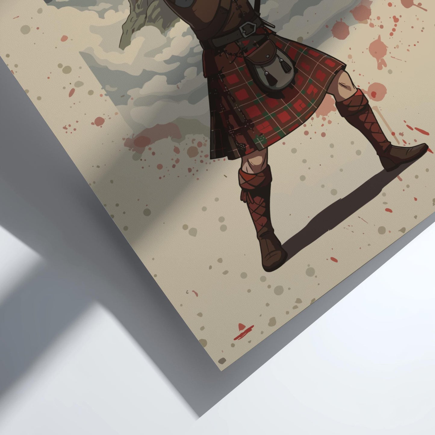 Highland Scottish Warrior Japanese Ink Art Print, Sumi-e Rising Sun Poster, Mixed Media Wall Decor
