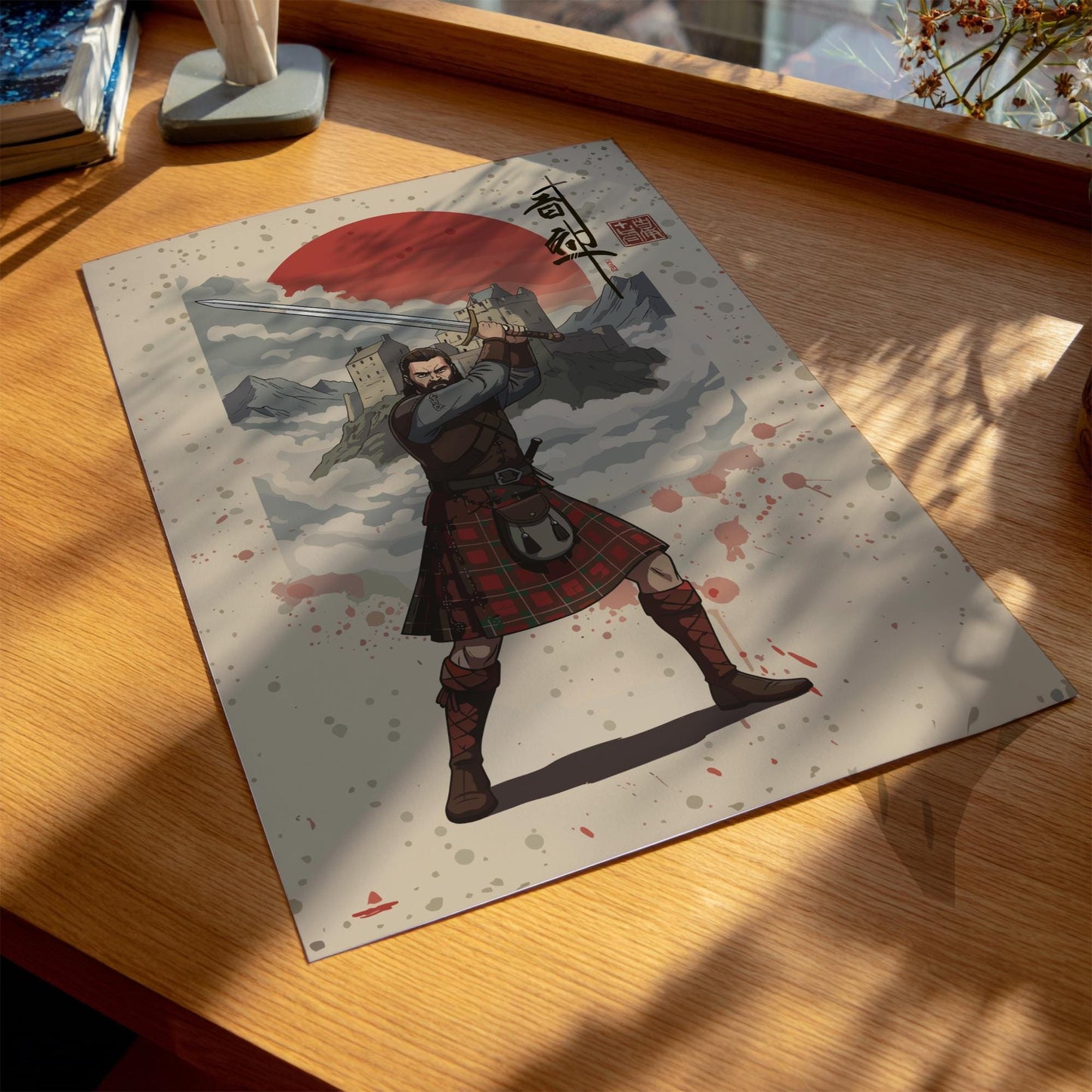 Highland Scottish Warrior Japanese Ink Art Print, Sumi-e Rising Sun Poster, Mixed Media Wall Decor