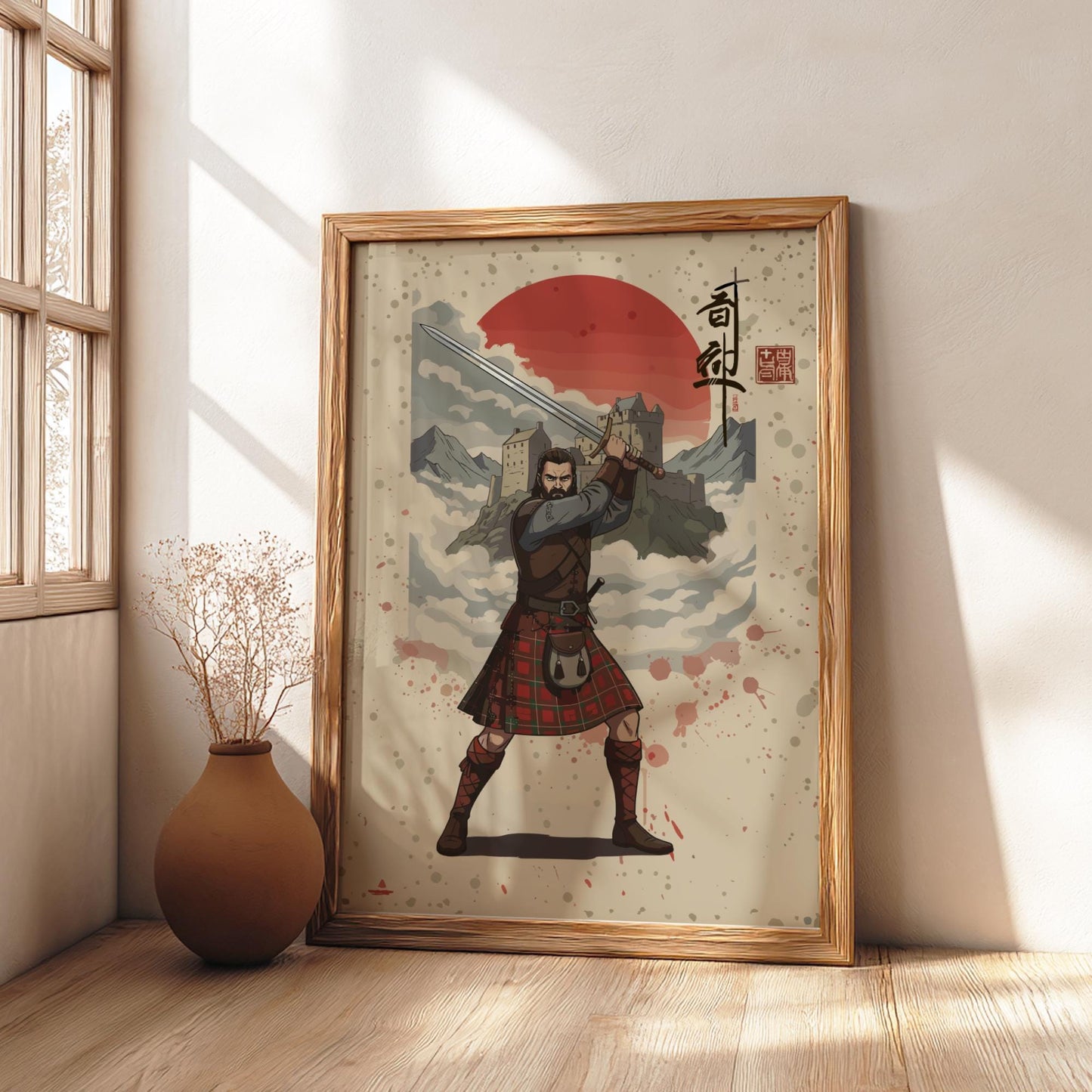 Highland Scottish Warrior Japanese Ink Art Print, Sumi-e Rising Sun Poster, Mixed Media Wall Decor