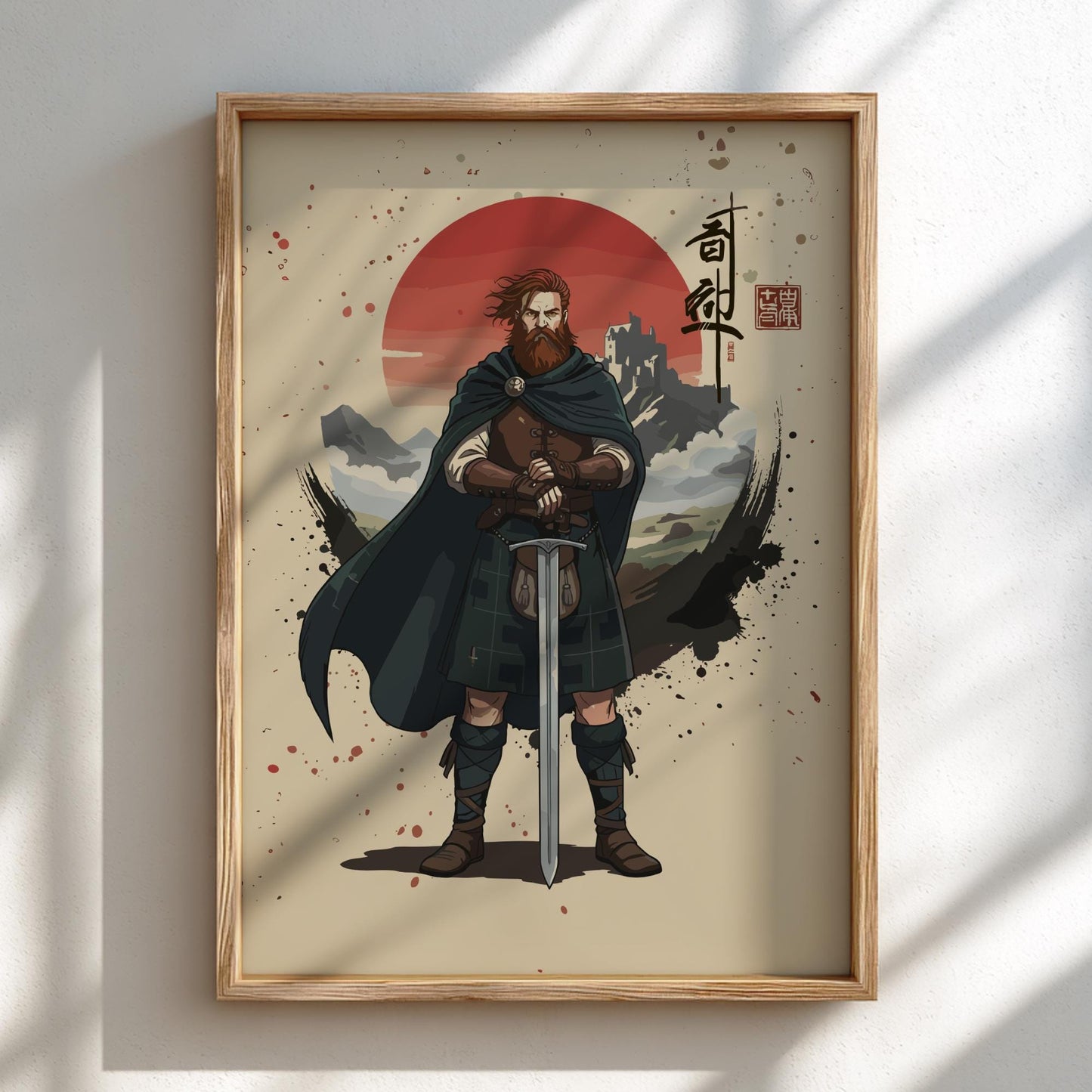 Highland Scottish Warrior Japanese Ink Art Print, Sumi-e Rising Sun Poster, Mixed Media Wall Decor