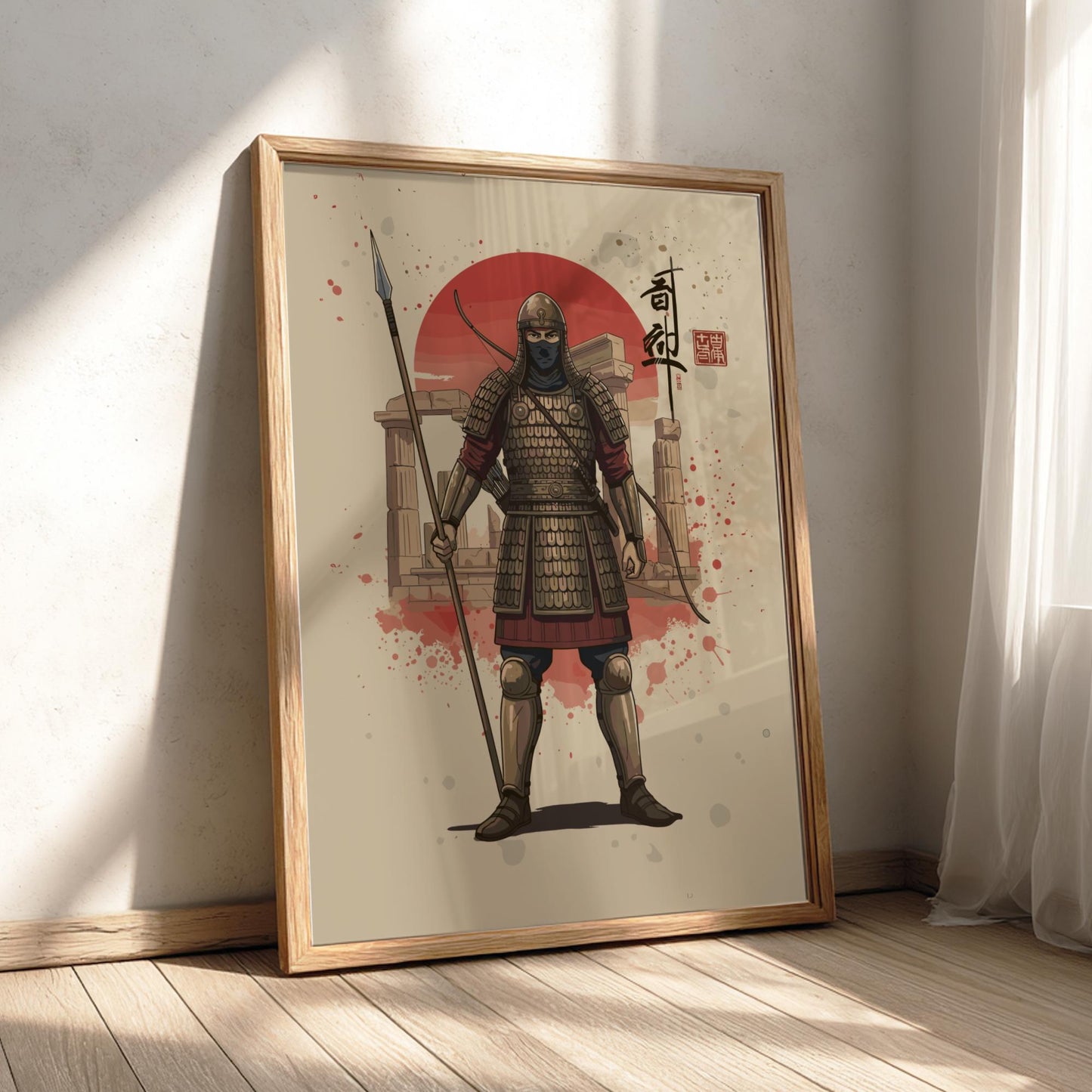 Persian Immortal Japanese Ink Art Print, Sumi-e Rising Sun Poster, Mixed Media Warrior Decor
