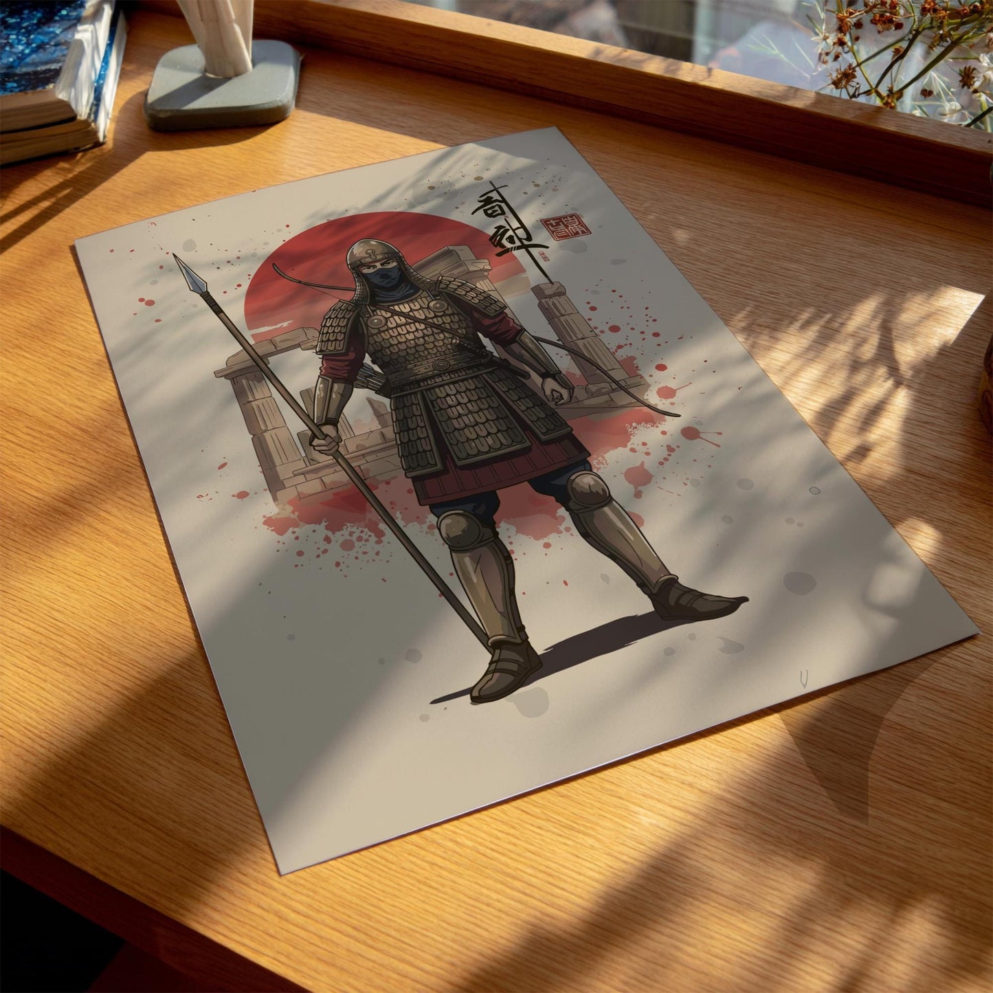 Persian Immortal Japanese Ink Art Print, Sumi-e Rising Sun Poster, Mixed Media Warrior Decor