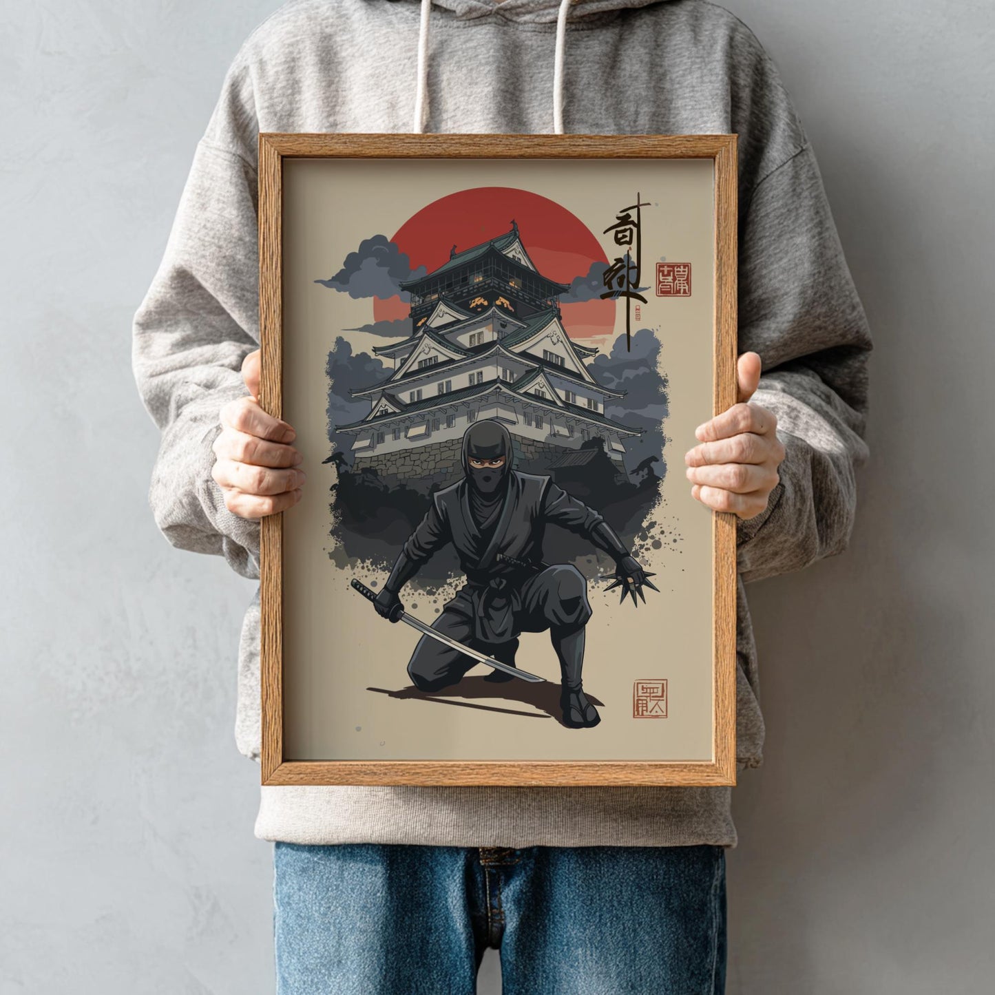Ninja Assassin Japanese Ink Art Print, Sumi-e Rising Sun Poster, Mixed Media Warrior Decor
