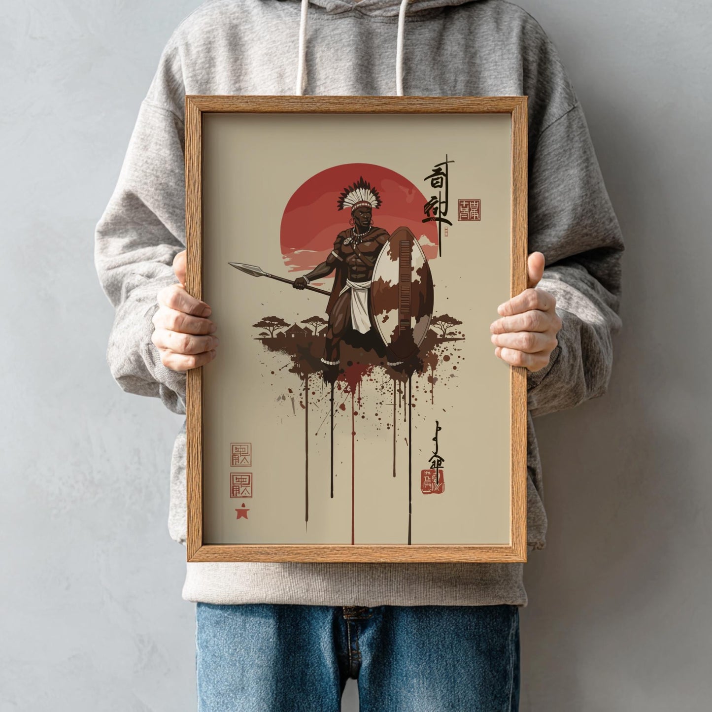 Zulu Warrior Japanese Ink Art Print, Sumi-e Rising Sun Poster, Mixed Media Wall Decor