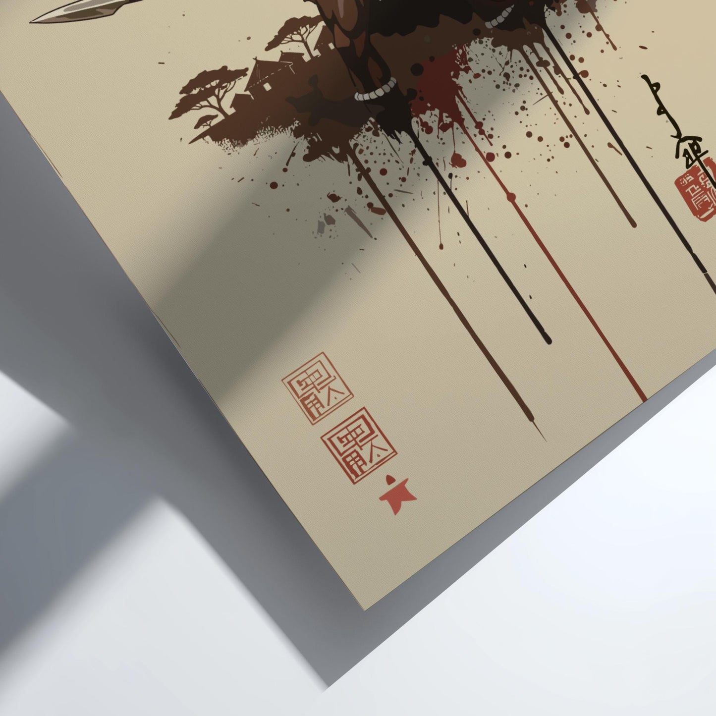 Zulu Warrior Japanese Ink Art Print, Sumi-e Rising Sun Poster, Mixed Media Wall Decor