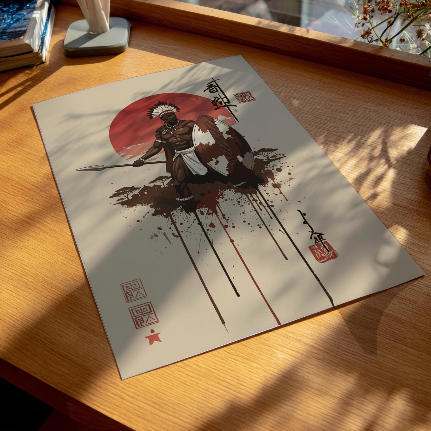 Zulu Warrior Japanese Ink Art Print, Sumi-e Rising Sun Poster, Mixed Media Wall Decor