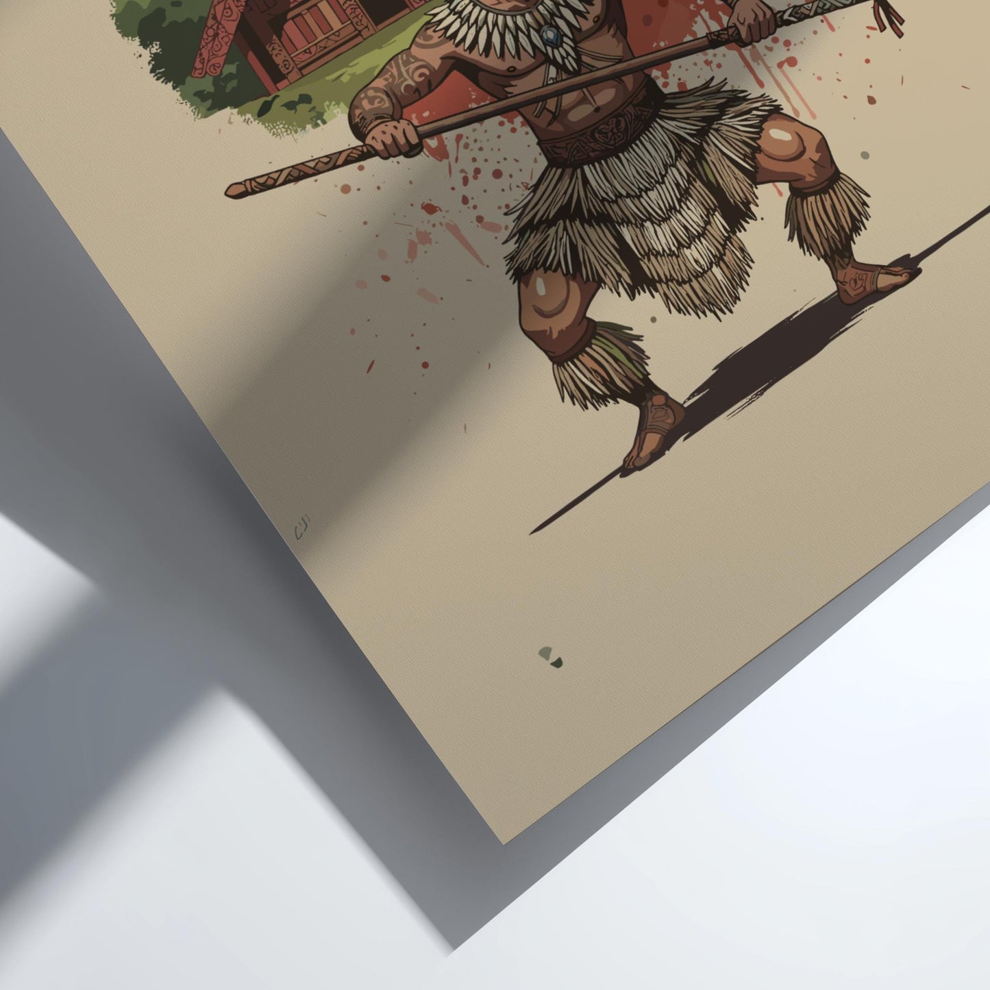 Maori Warrior Japanese Ink Art Print, Sumi-e Rising Sun Poster, Mixed Media Wall Decor
