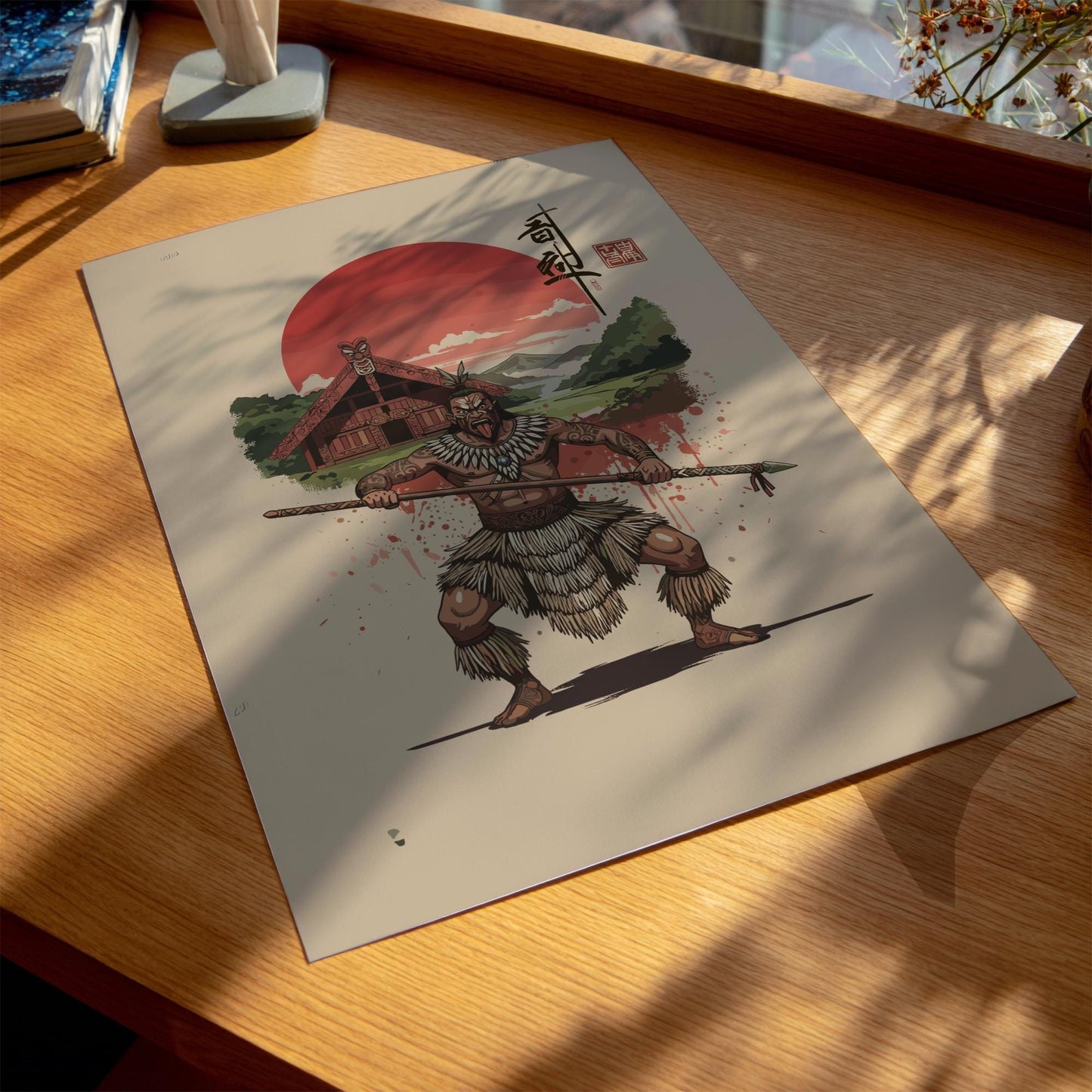 Maori Warrior Japanese Ink Art Print, Sumi-e Rising Sun Poster, Mixed Media Wall Decor