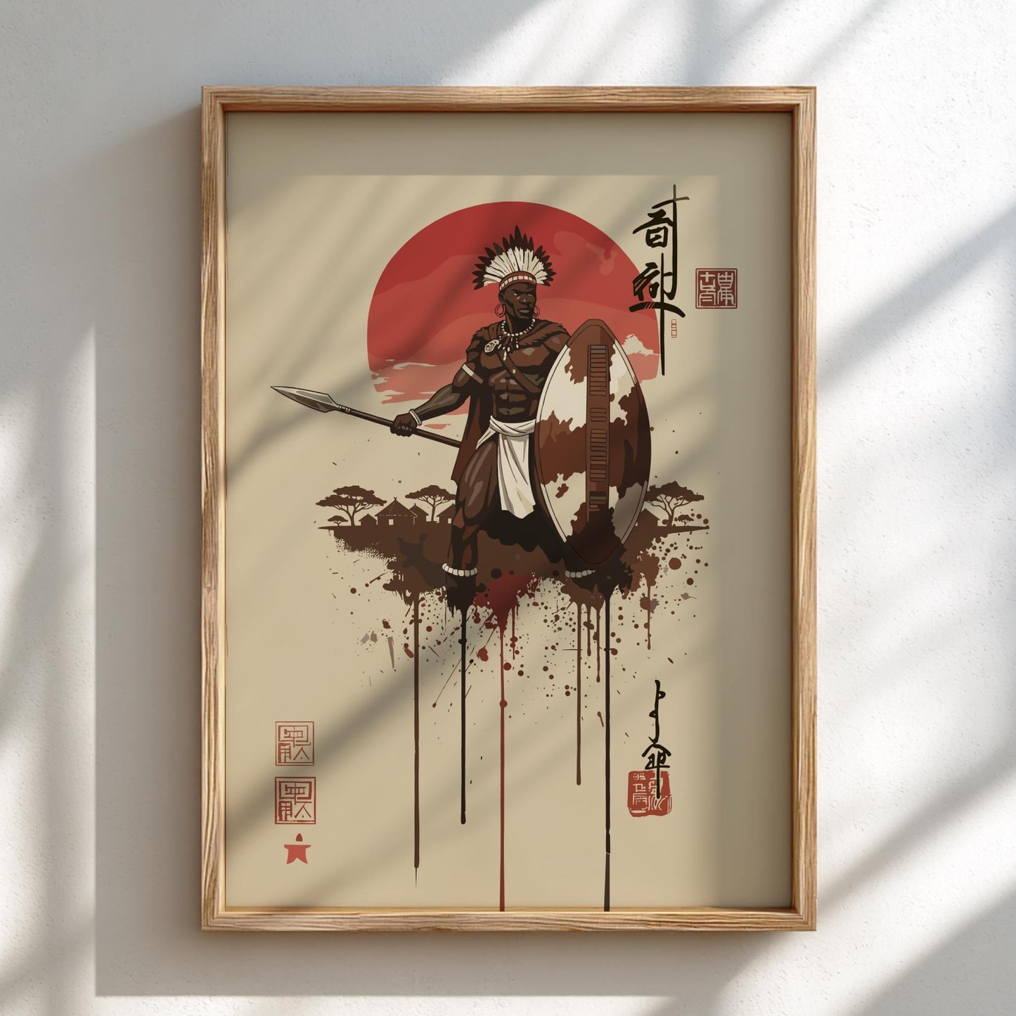 Zulu Warrior Japanese Ink Art Print, Sumi-e Rising Sun Poster, Mixed Media Wall Decor