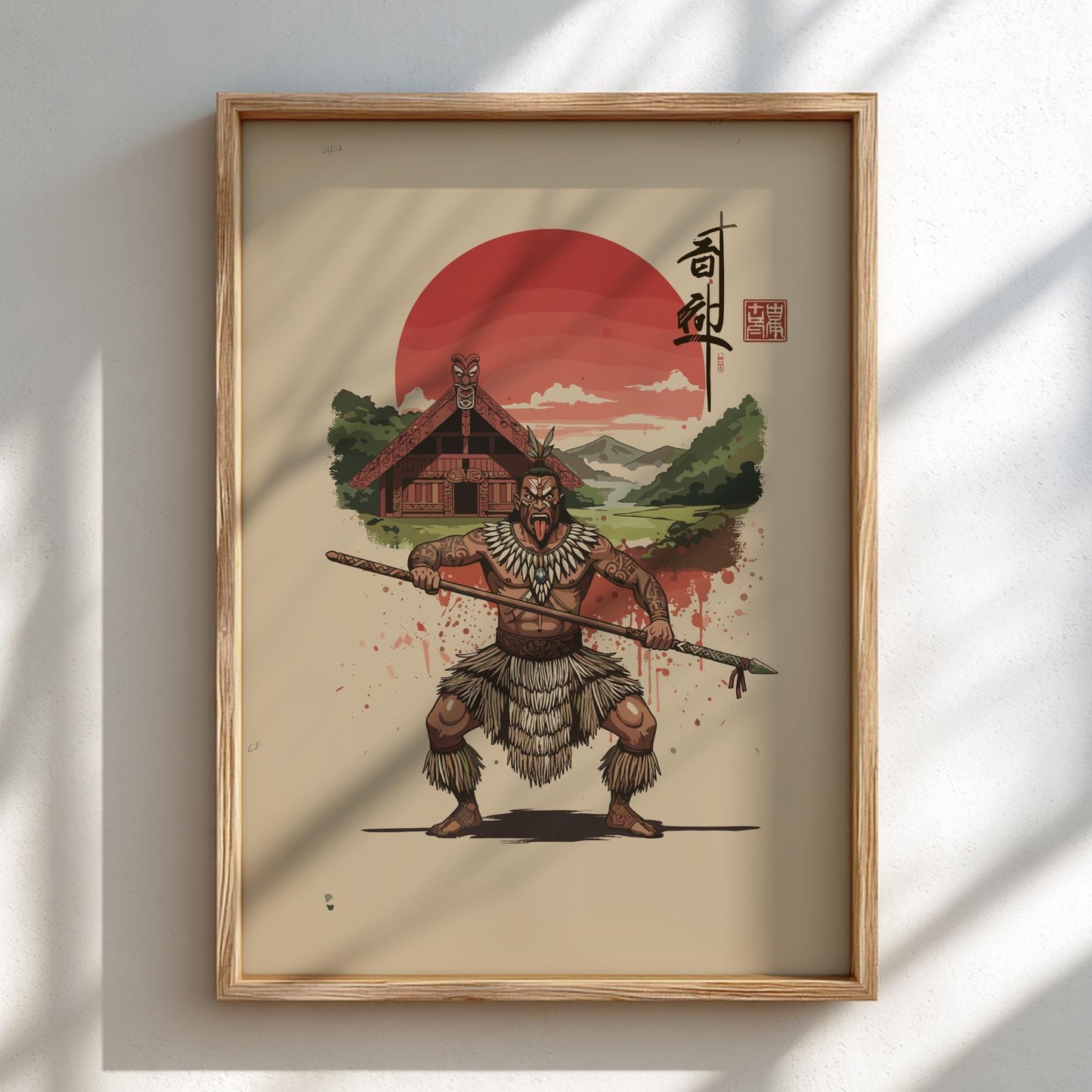 Maori Warrior Japanese Ink Art Print, Sumi-e Rising Sun Poster, Mixed Media Wall Decor