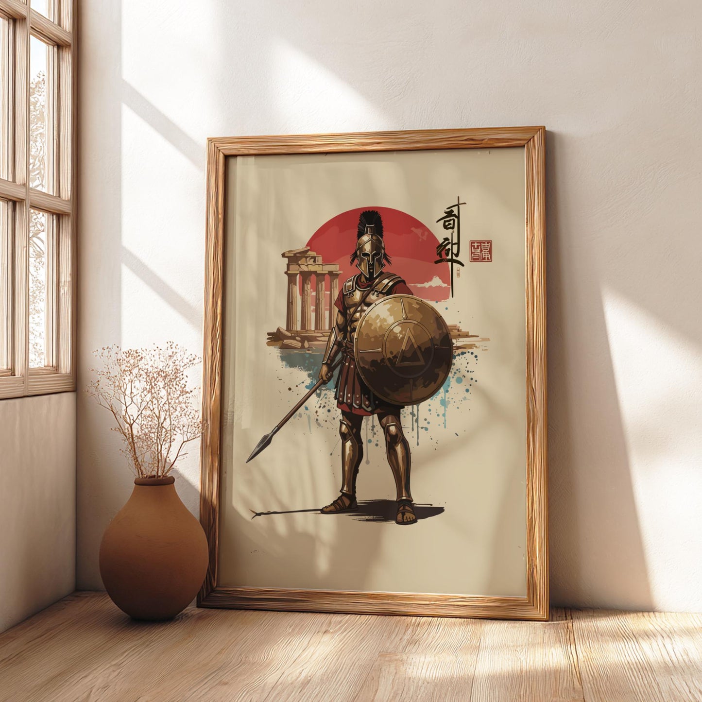 Spartan Warrior Japanese Ink Art Print, Sumi-e Rising Sun Poster, Mixed Media Wall Decor