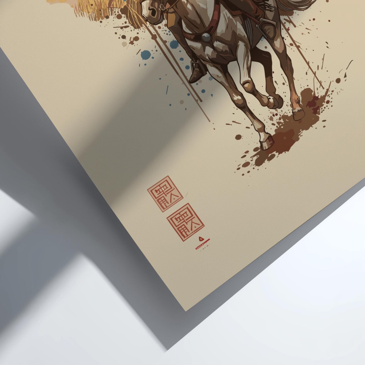 Native American Warrior Japanese Ink Art Print, Sumi-e Rising Sun Poster, Mixed Media Wall Decor