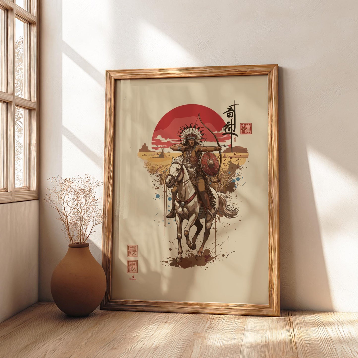 Native American Warrior Japanese Ink Art Print, Sumi-e Rising Sun Poster, Mixed Media Wall Decor