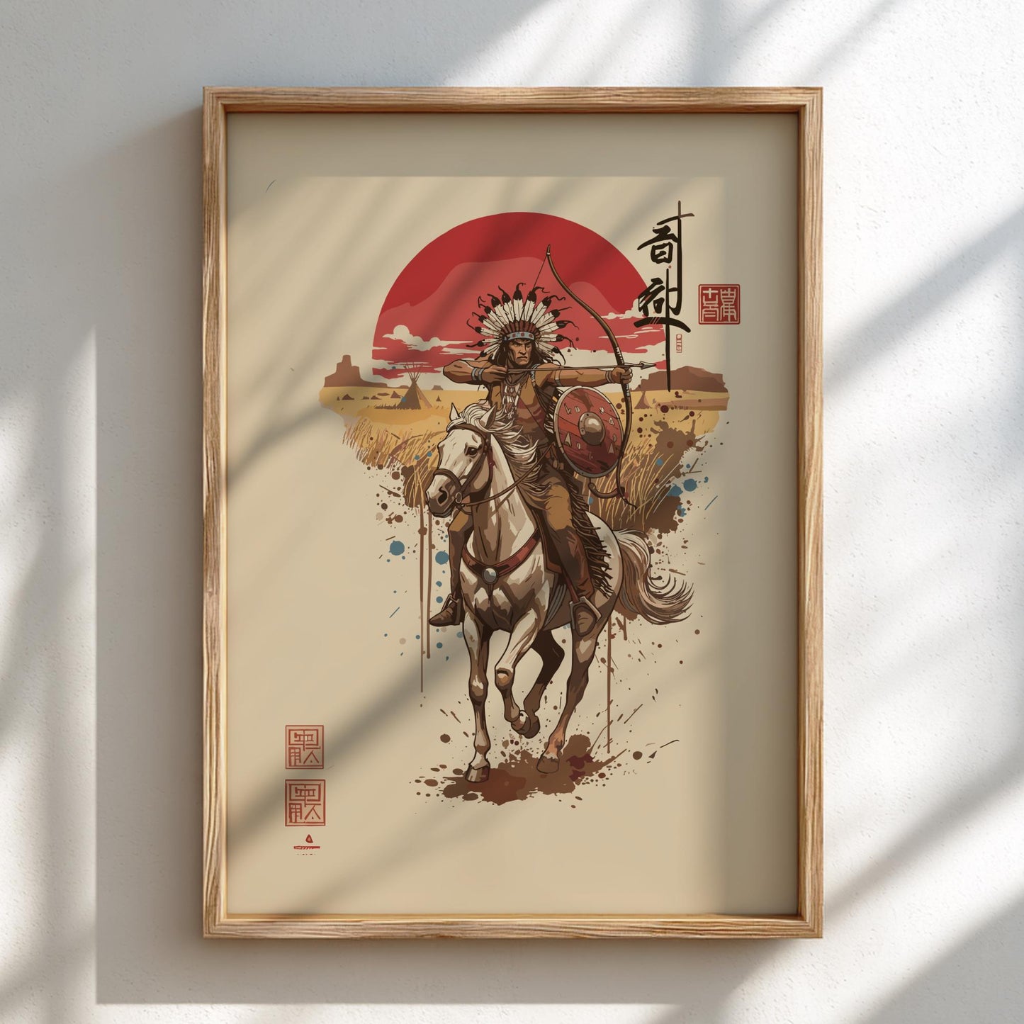 Native American Warrior Japanese Ink Art Print, Sumi-e Rising Sun Poster, Mixed Media Wall Decor