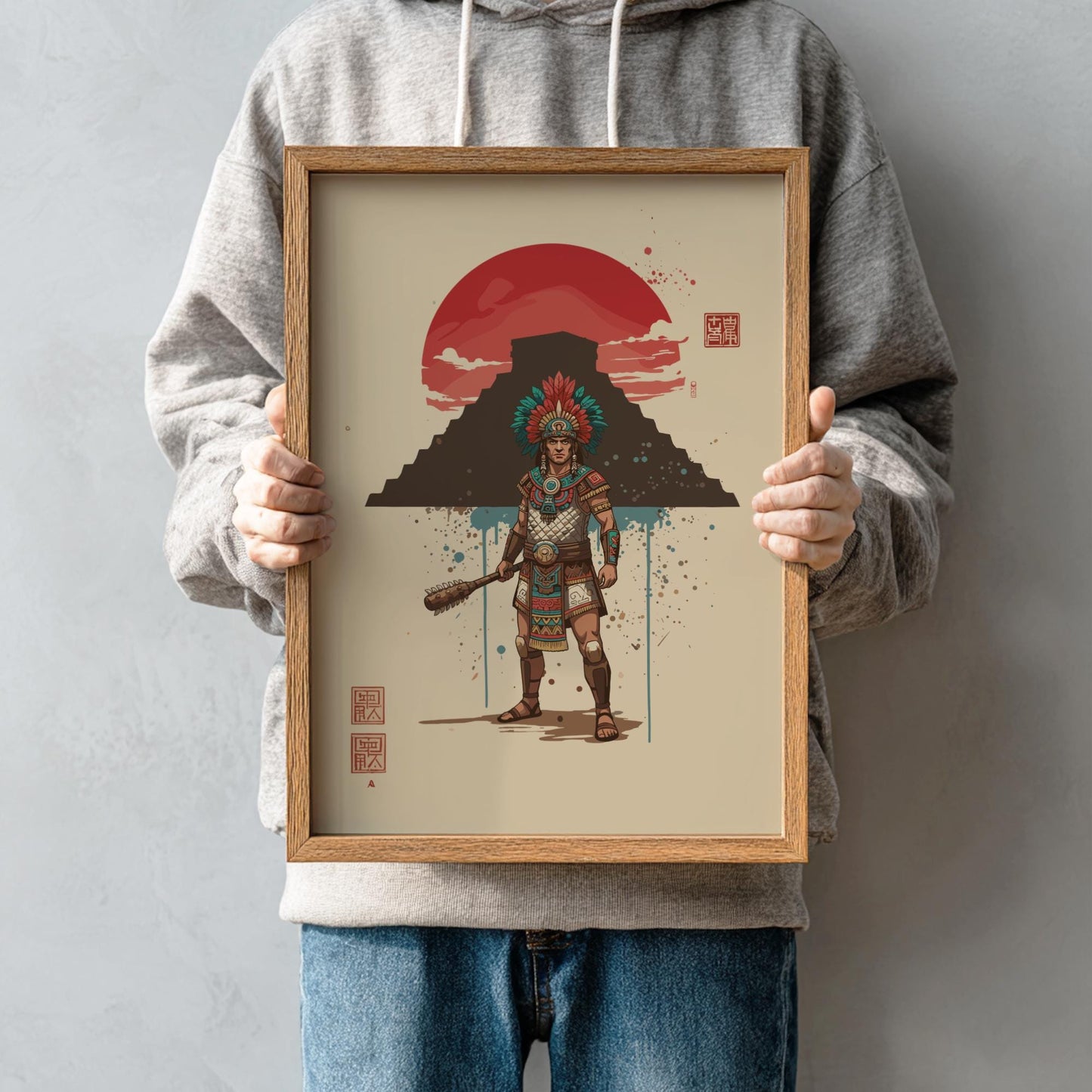 Aztec Warrior Japanese Ink Art Print, Sumi-e Rising Sun Poster, Mixed Media Wall Decor