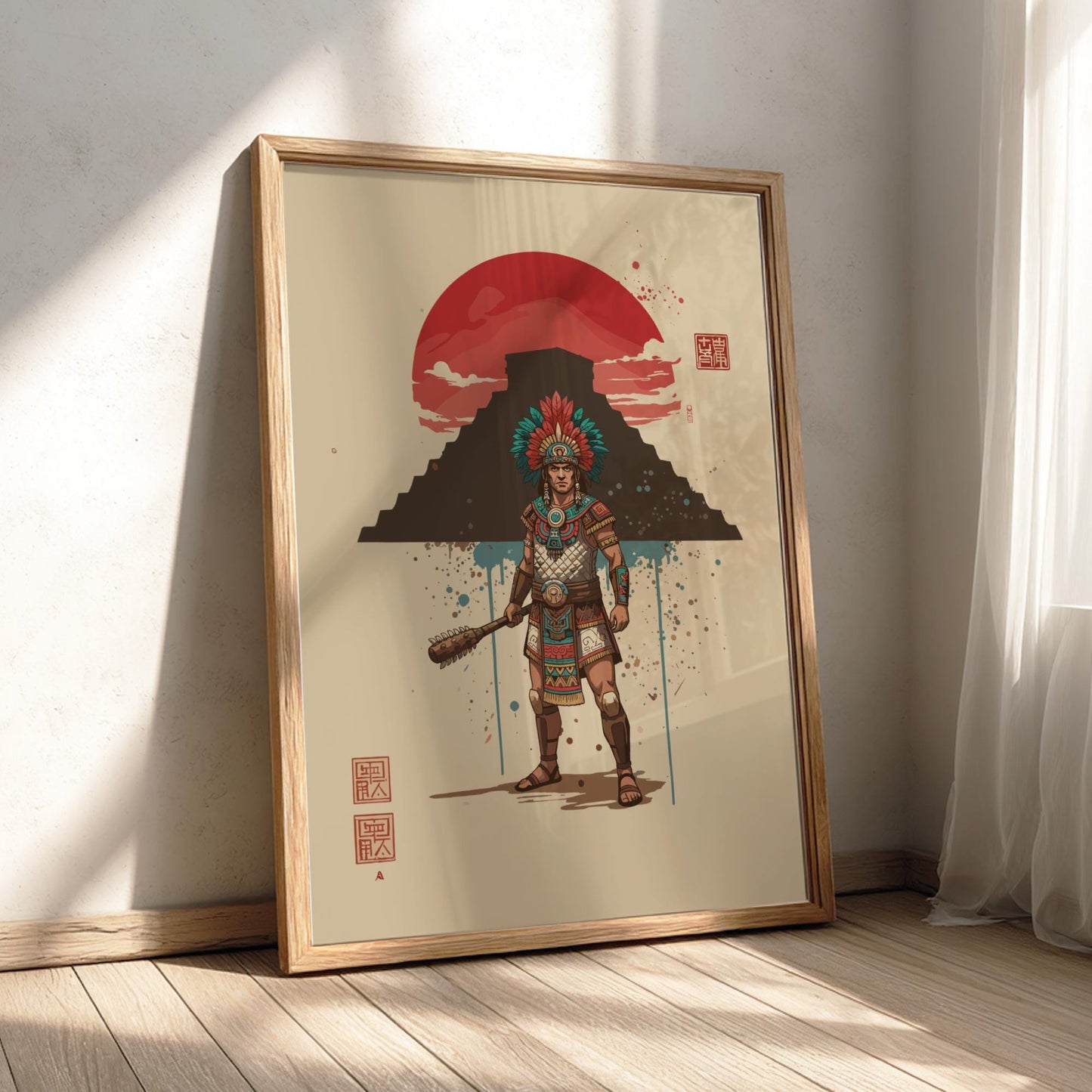 Aztec Warrior Japanese Ink Art Print, Sumi-e Rising Sun Poster, Mixed Media Wall Decor