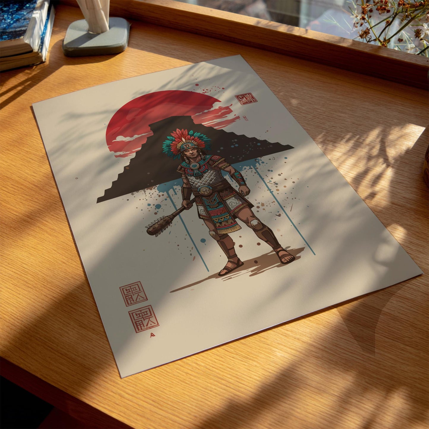 Aztec Warrior Japanese Ink Art Print, Sumi-e Rising Sun Poster, Mixed Media Wall Decor