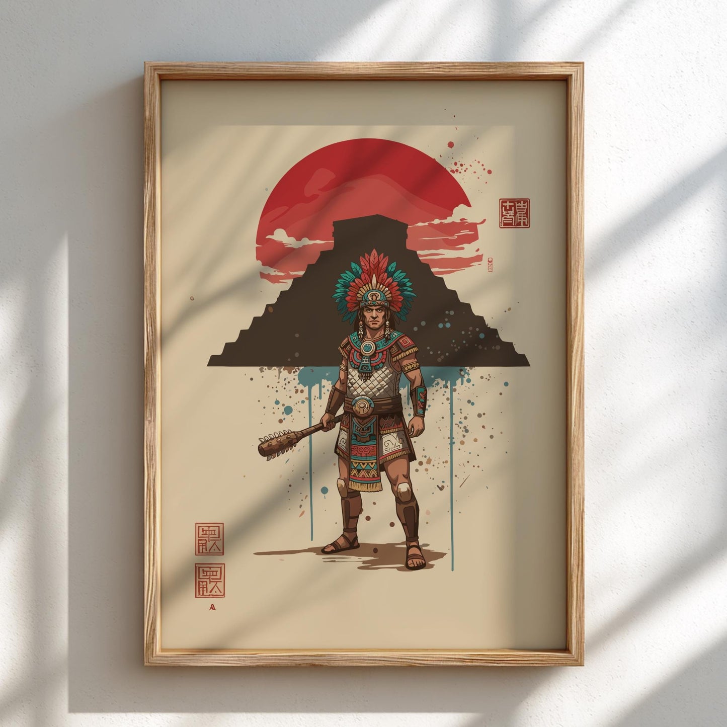 Aztec Warrior Japanese Ink Art Print, Sumi-e Rising Sun Poster, Mixed Media Wall Decor