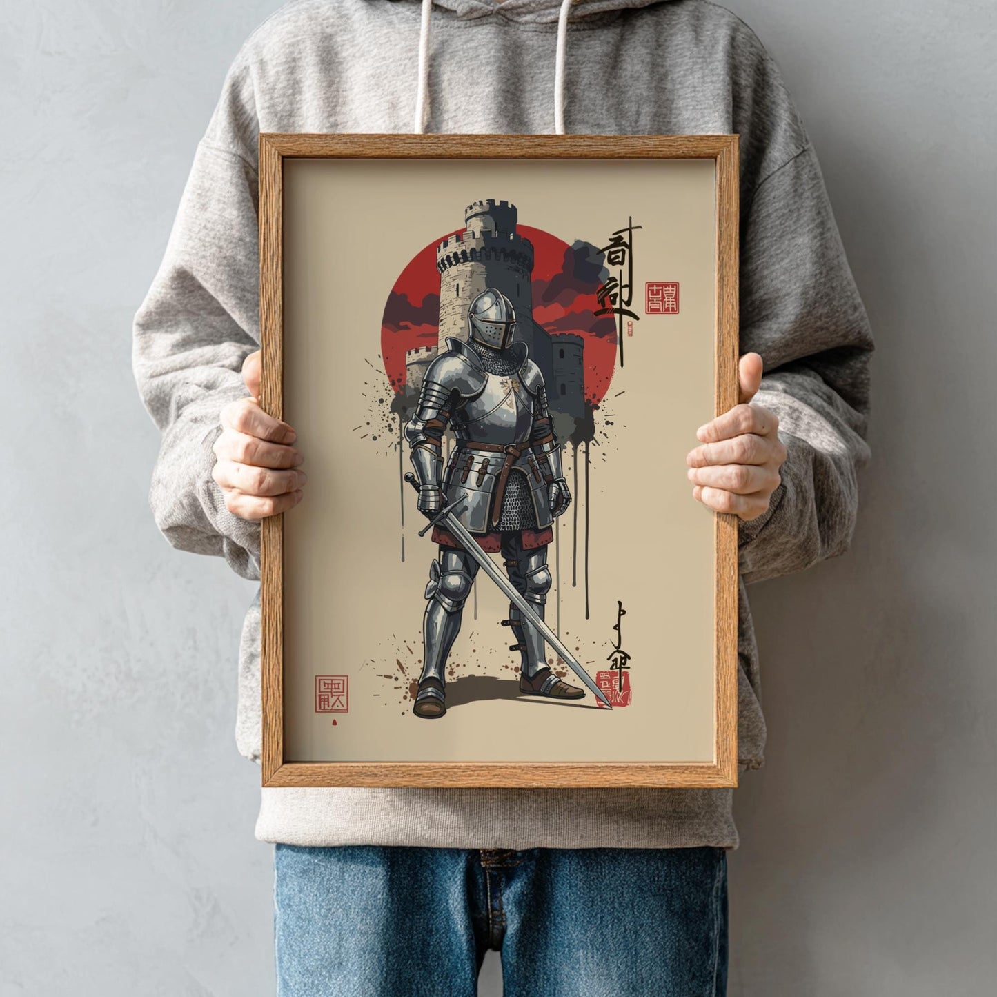 Medieval Knight Japanese Ink Art Print, Sumi-e Rising Sun Poster, Mixed Media Warrior Decor