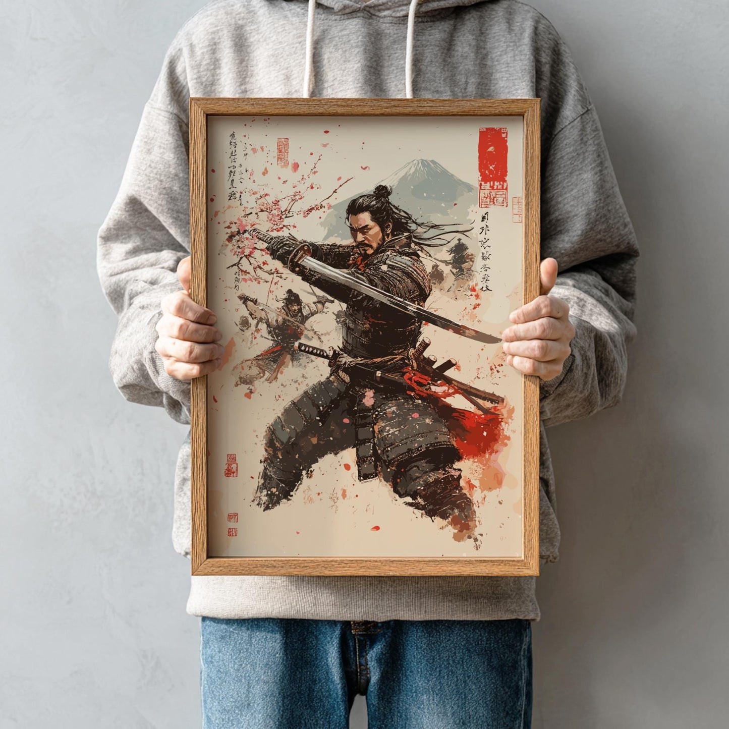 Samurai Sakura Japanese Ink Art Print, Sumi-e Rising Sun Poster, Mixed Media Warrior Decor