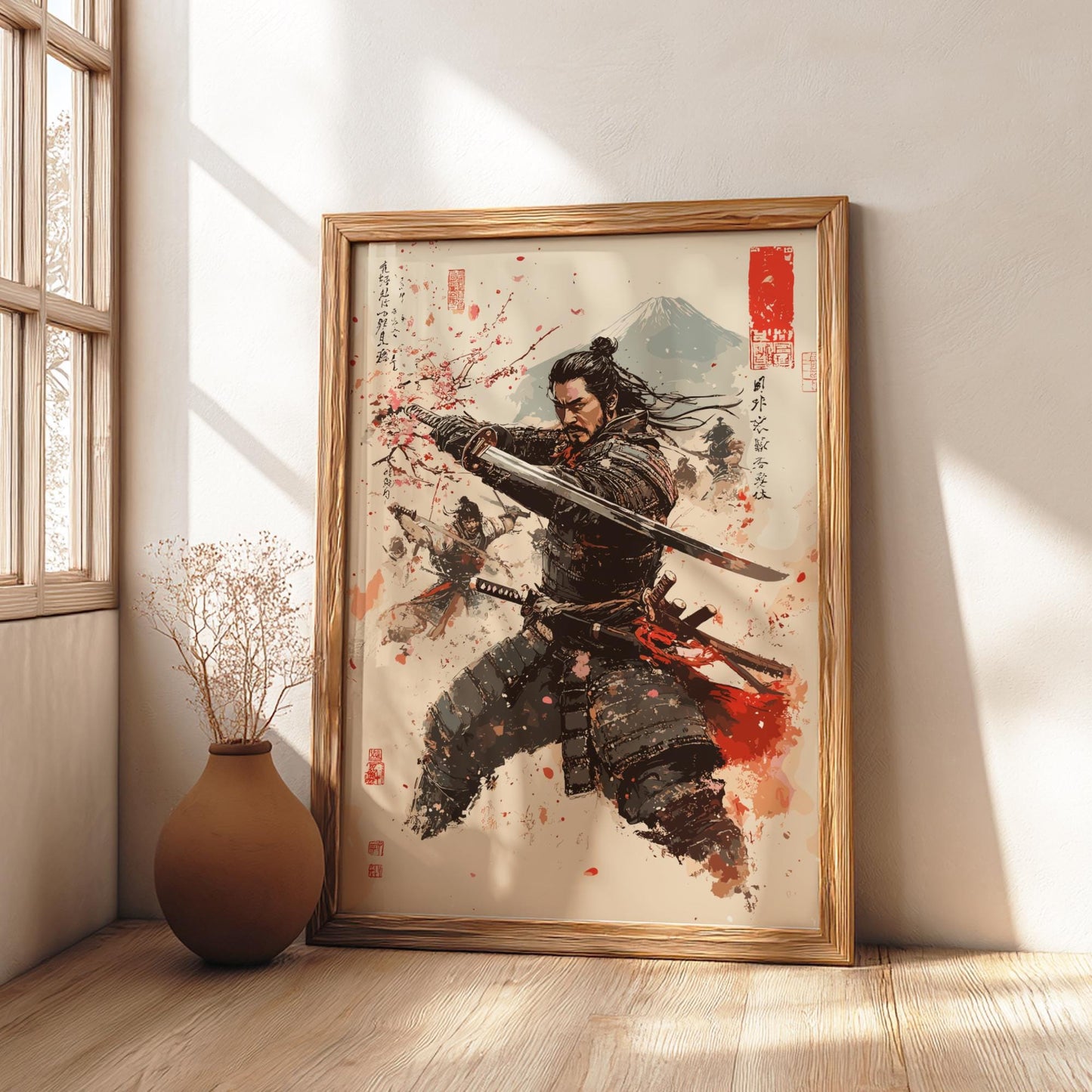 Samurai Sakura Japanese Ink Art Print, Sumi-e Rising Sun Poster, Mixed Media Warrior Decor