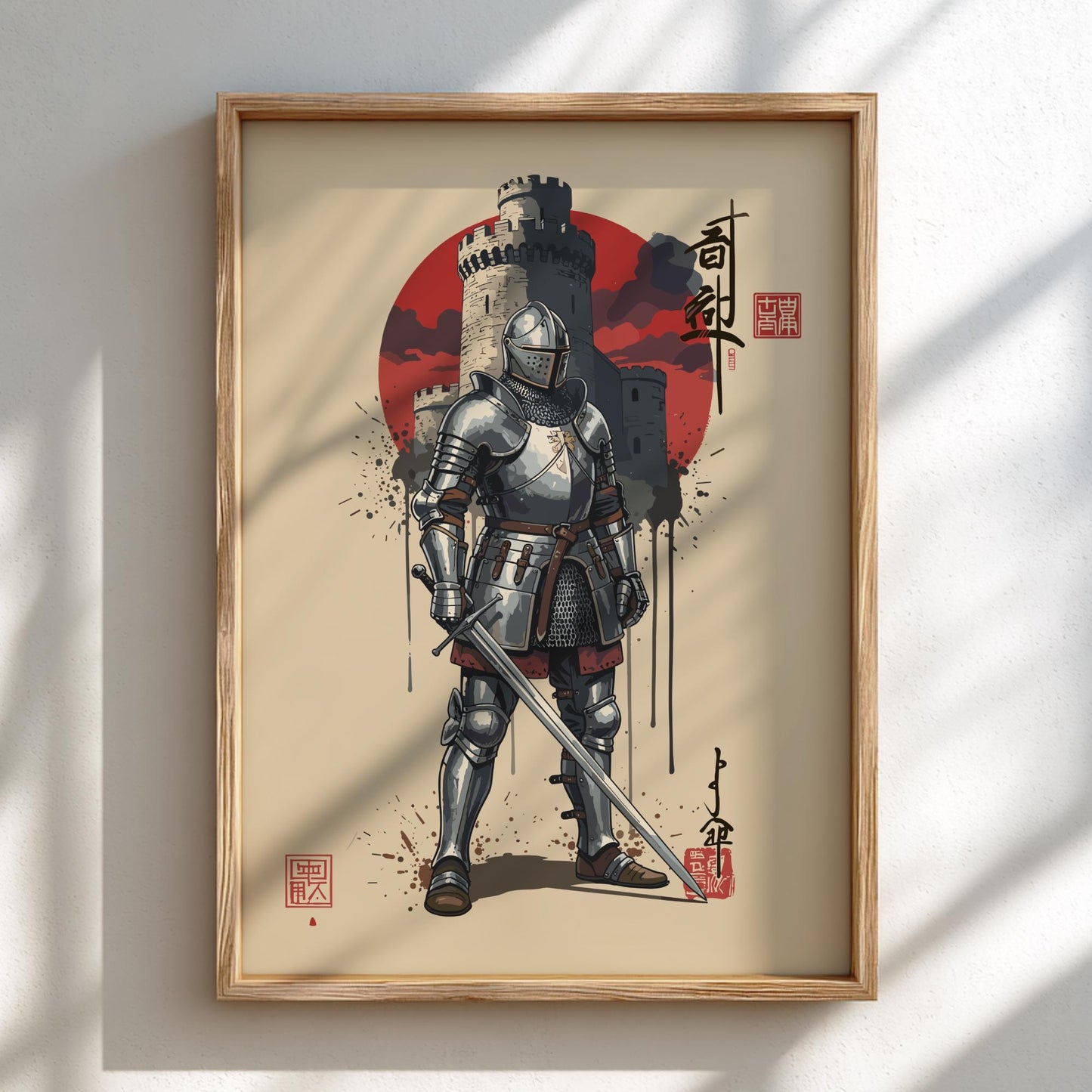 Medieval Knight Japanese Ink Art Print, Sumi-e Rising Sun Poster, Mixed Media Warrior Decor