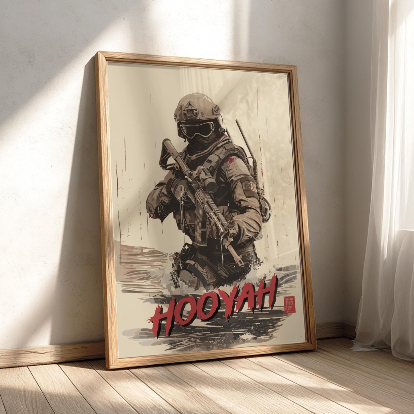 Navy SEAL Japanese Ink Art Print, Sumi-e Rising Sun Poster, Mixed Media Warrior Decor