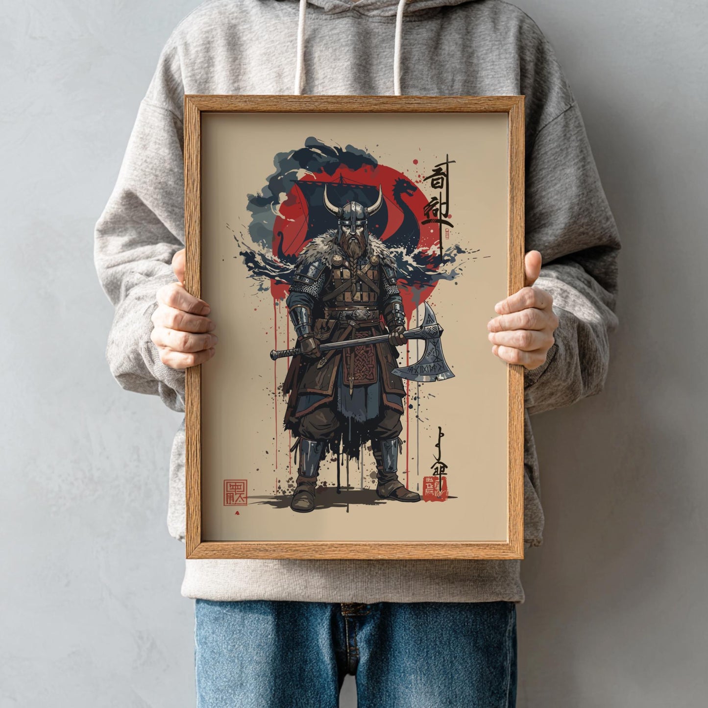 Viking Warrior Japanese Ink Art Print, Sumi-e Rising Sun Poster, Mixed Media Wall Decor